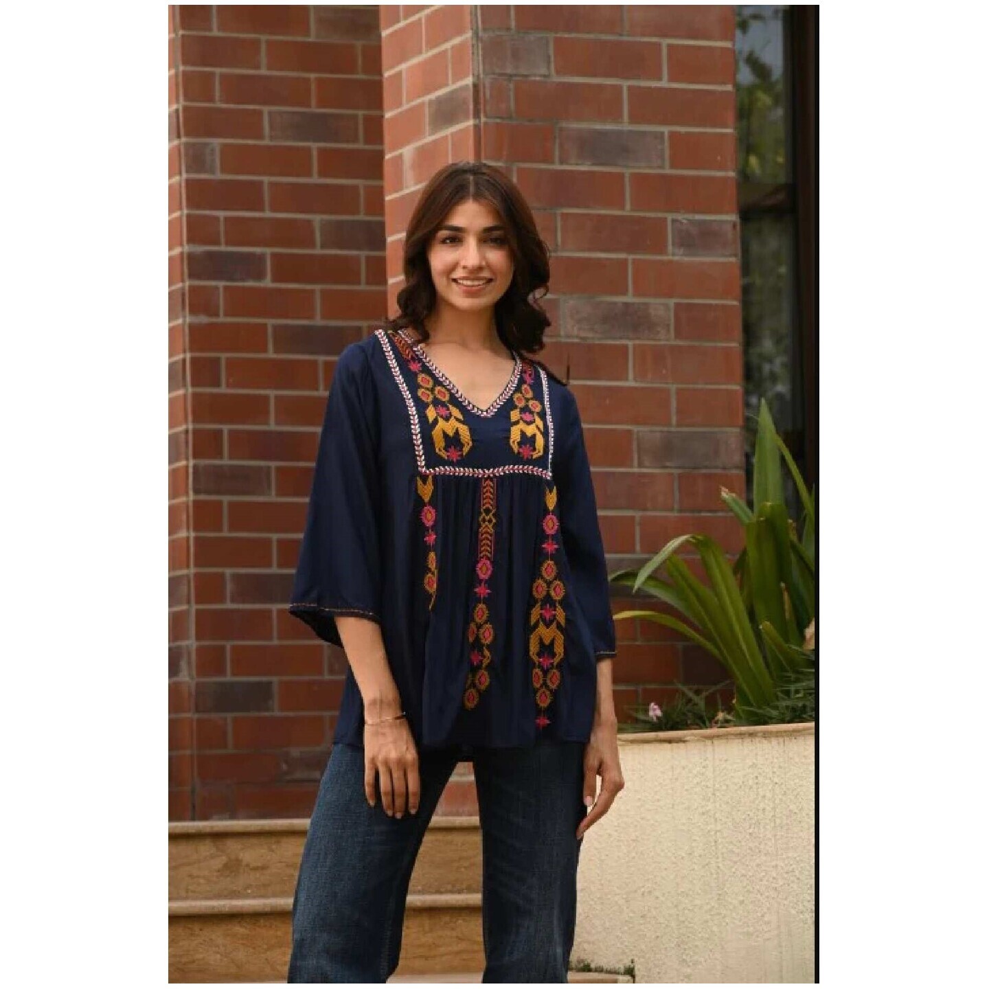 Rayon Navy Blue Embroidery Top