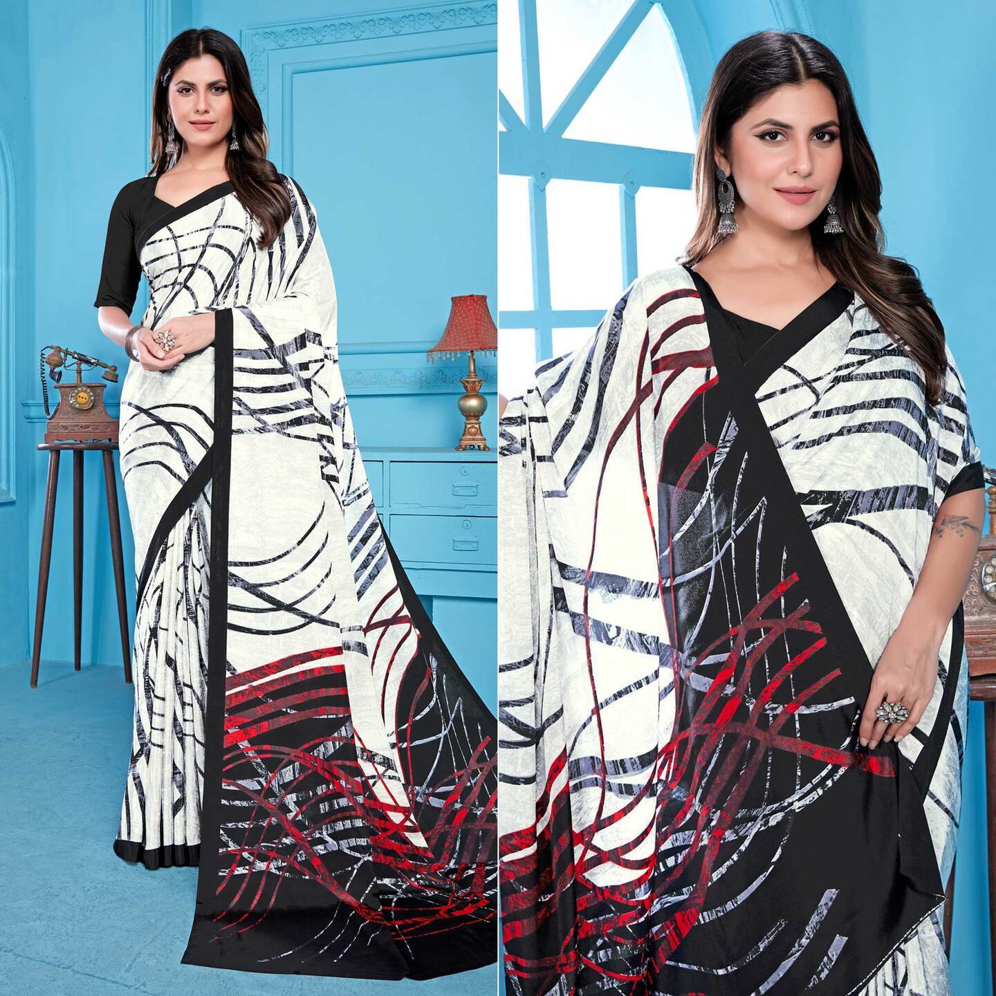 White Abstract Printed Crepe Silk Saree  Un-Stitched