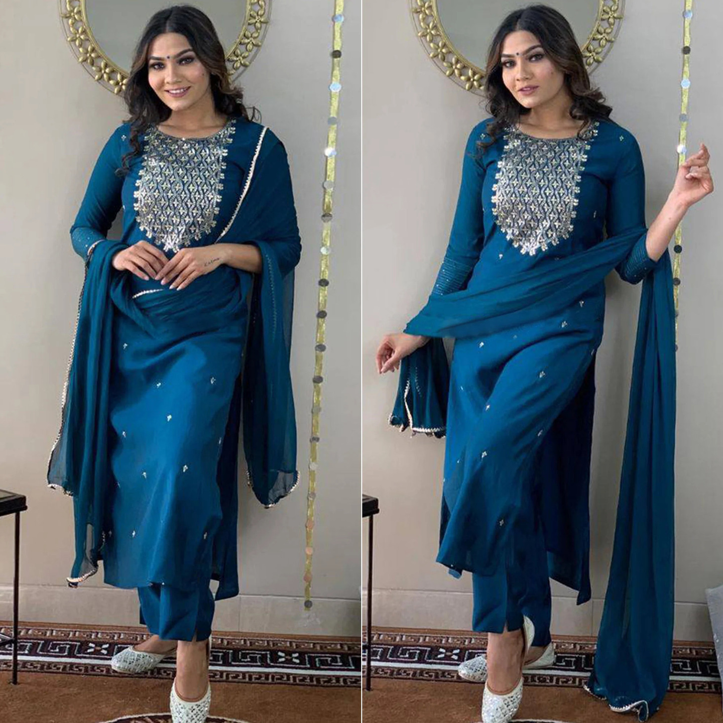 Blue Sequins Embroidered Rayon Kurti Set 