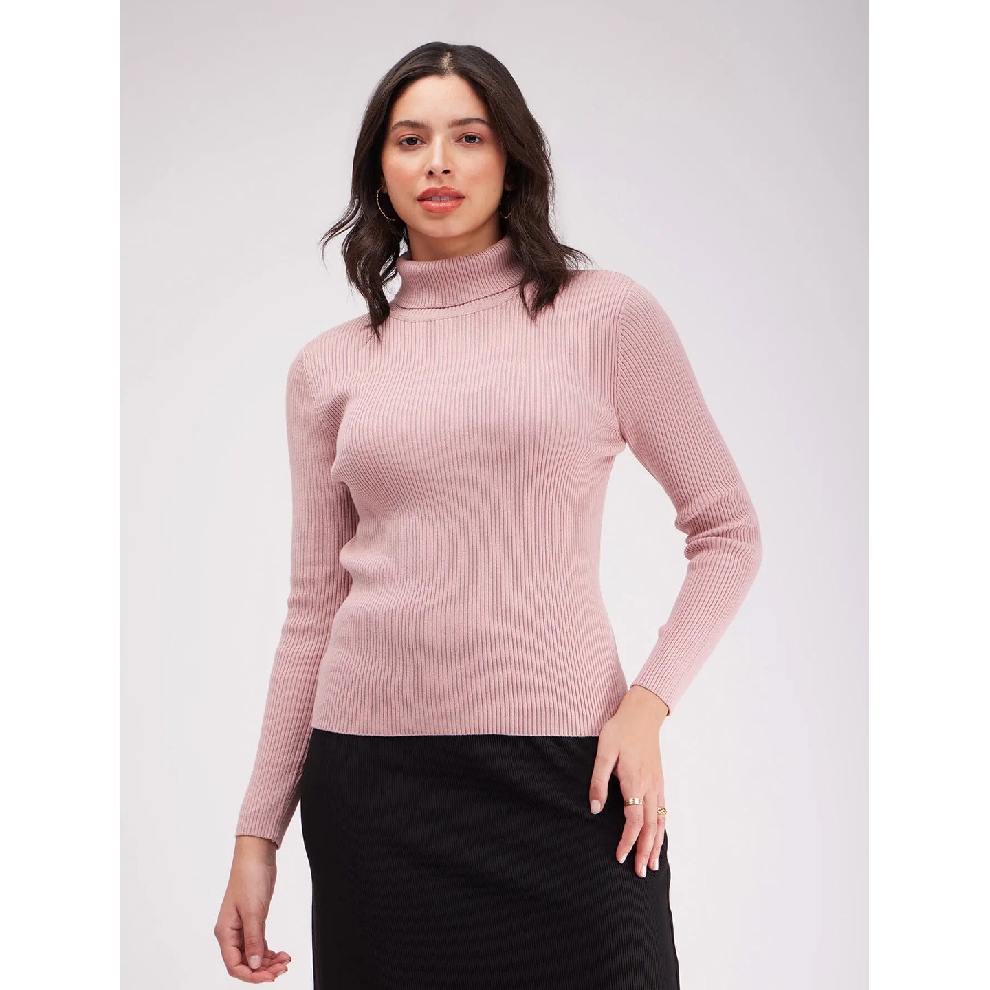 Turtle Neck Ribbed Sweater - Pink