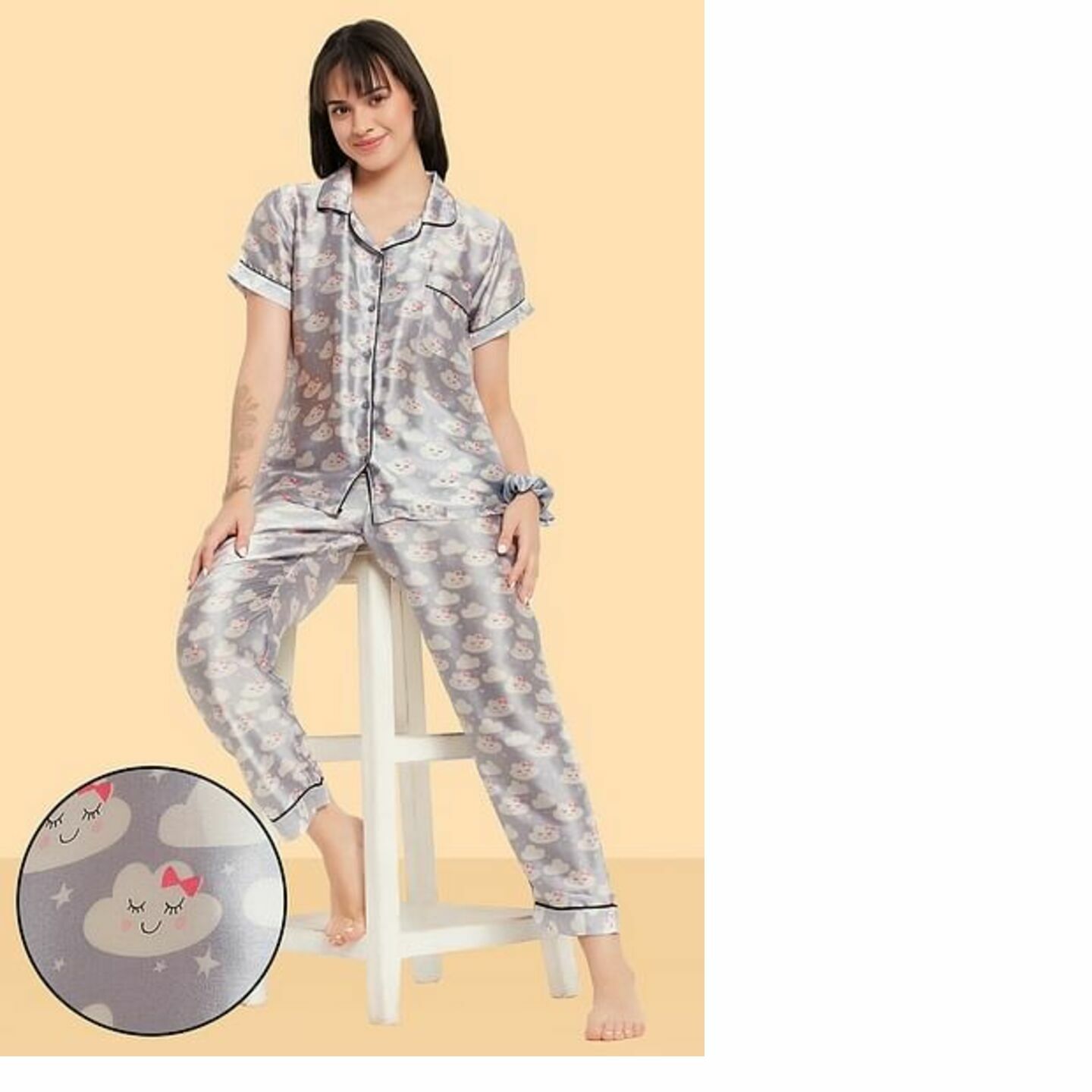 Cloud Print Button Down Shirt & Pyjama Set in Light Grey - Satin