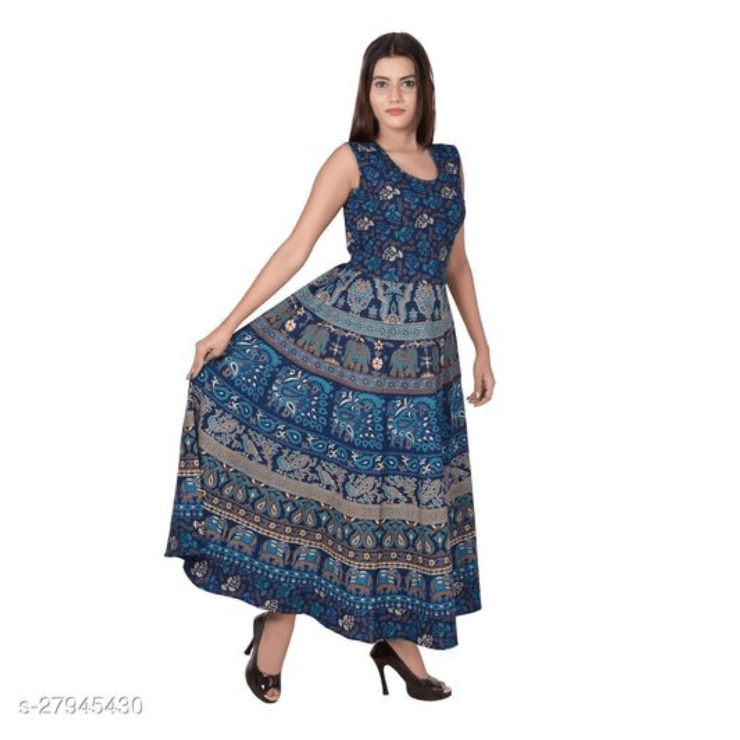 Rajasthani Print Women's Long Midi Dress Jaipuri Floral Print Cotton Maxi