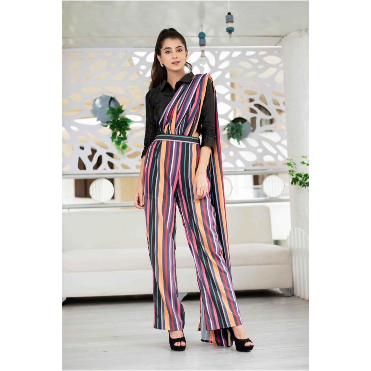Women's Stripped Pant With Attached Dupatta And Top Set - 