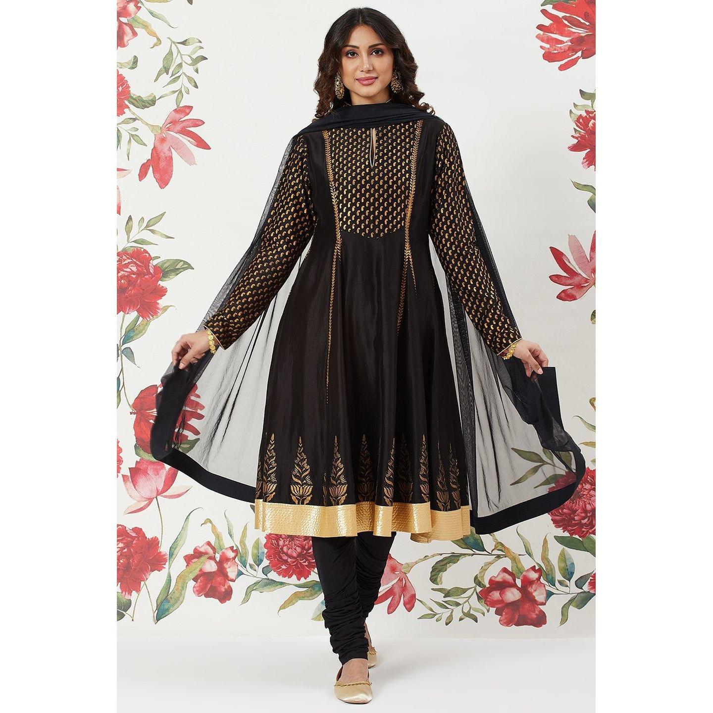 Rohit Bal Black Chanderi Silk Kalidar Suit Set