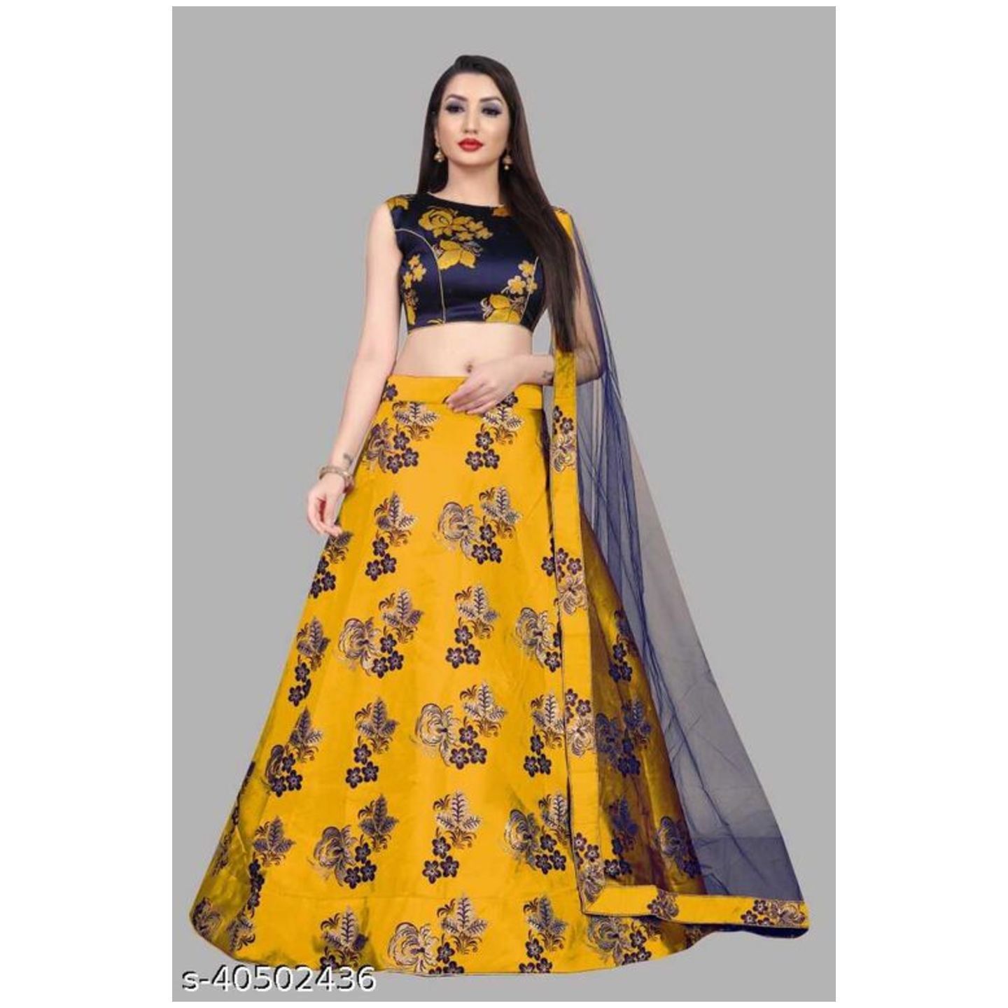 VR Fashion Floral Print Semi Stitched Lehenga & Crop Top (Blue, yellow)