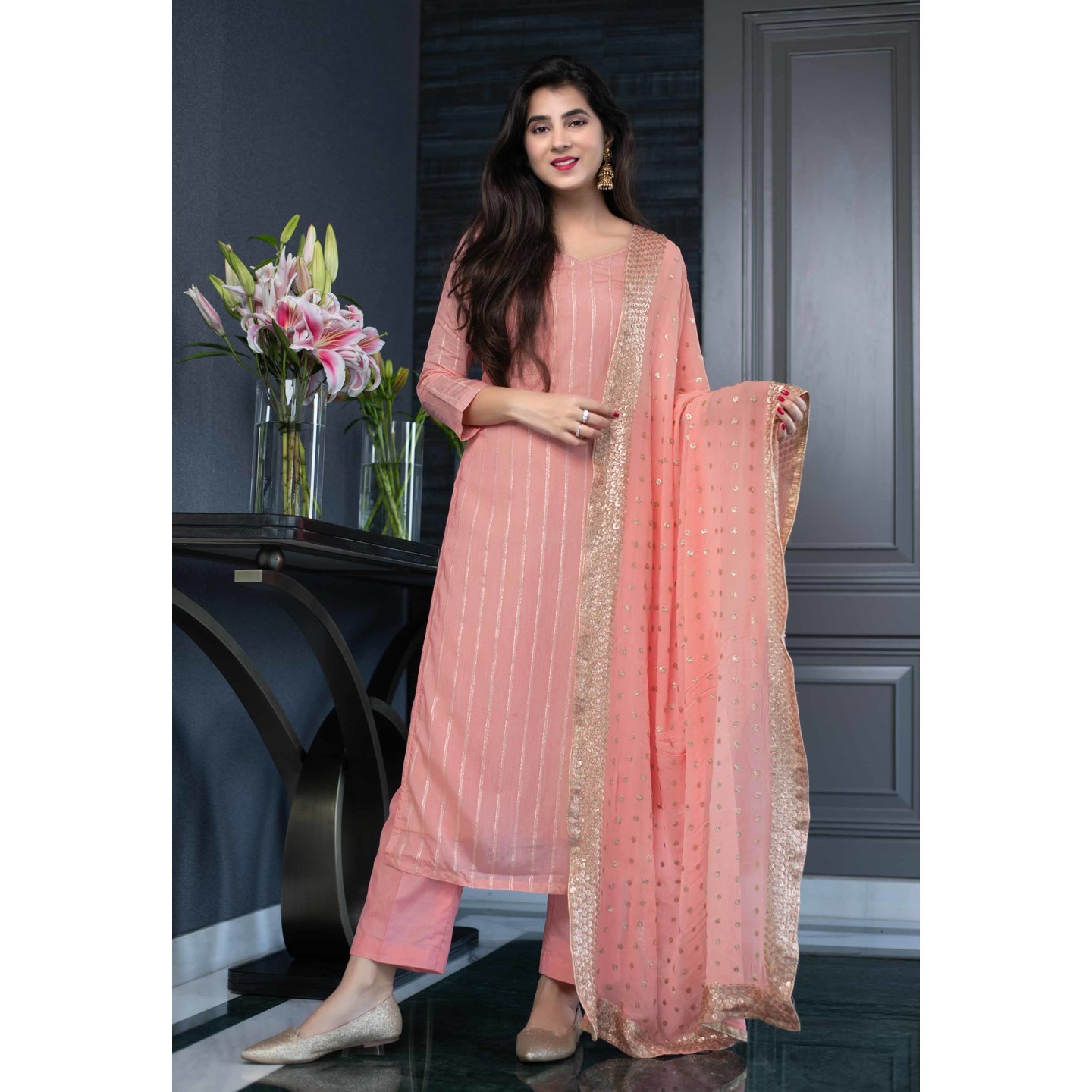 PEACH KURTA SET WITH HEAVY DUPATTA