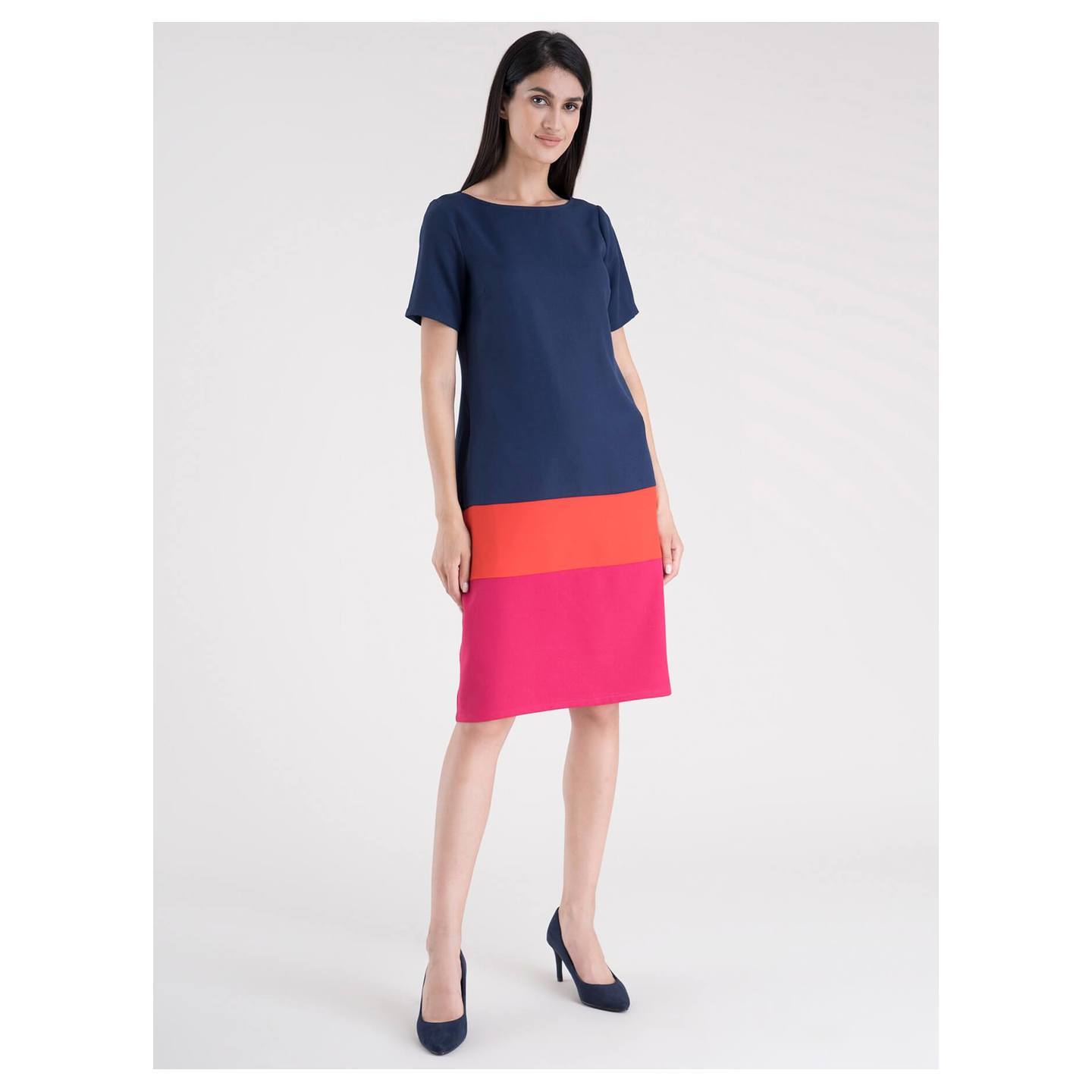 Boat Neck Color Block Shift Dress - Navy, Coral And Fuchsia