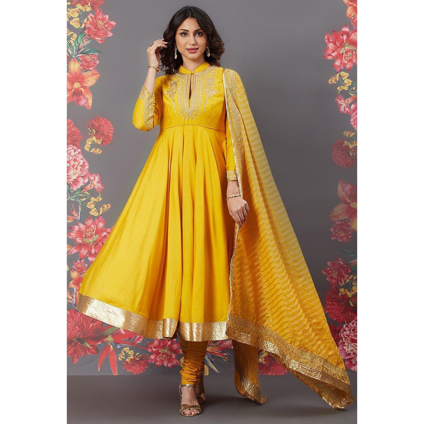 Yellow Cotton Silk Anarkali