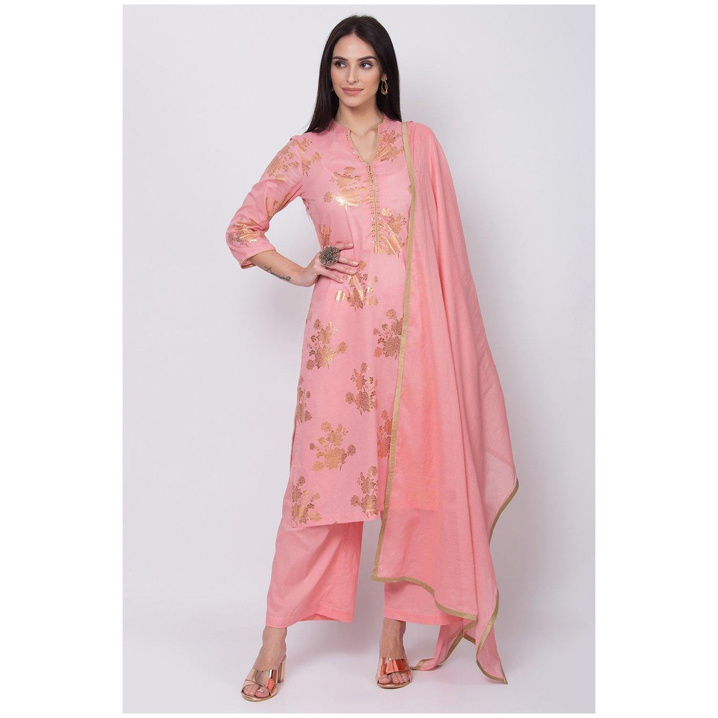 Peach Cotton Straight Suit Set