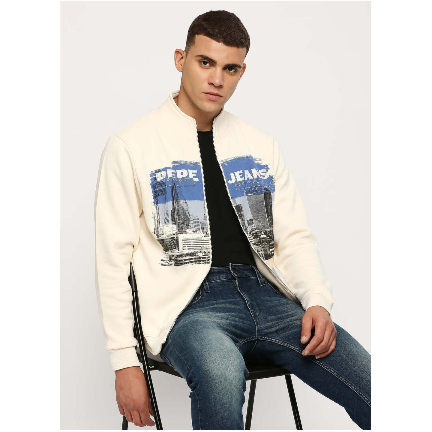 White Graphic Printed Zip Thru Sweatshirt 