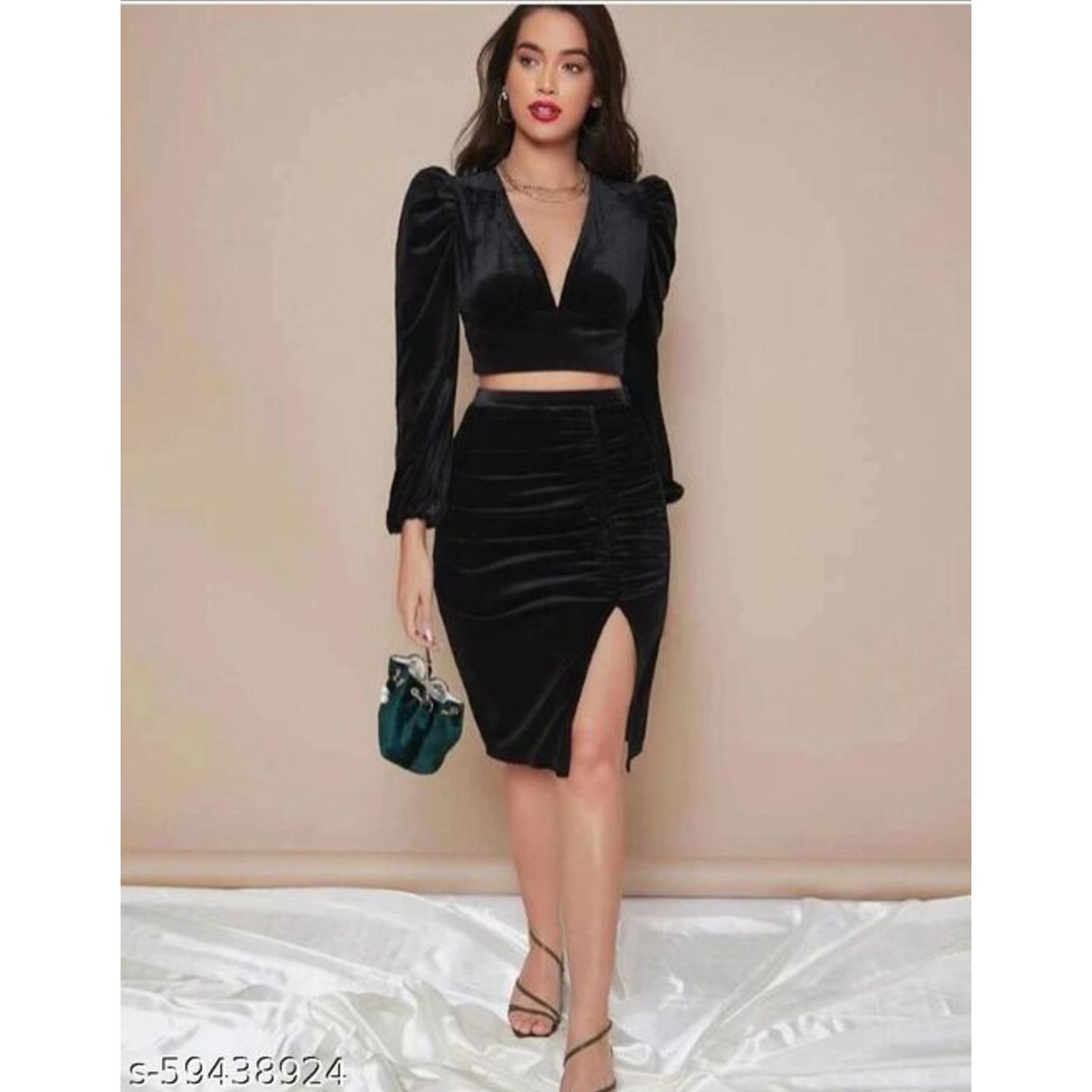 BLACK VELVET SEXY BODYCON TOP WITH SKIRT