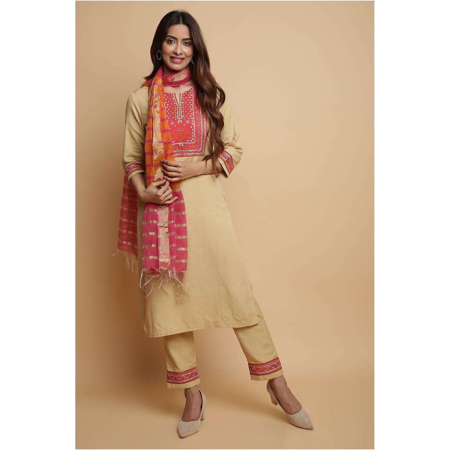 Beige Rayon Straight Suit Set