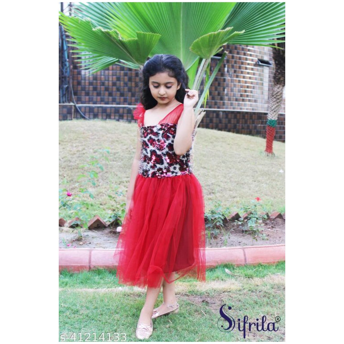 Small Girl's party/festive wear frock/dress with smooth tiger printed fabric