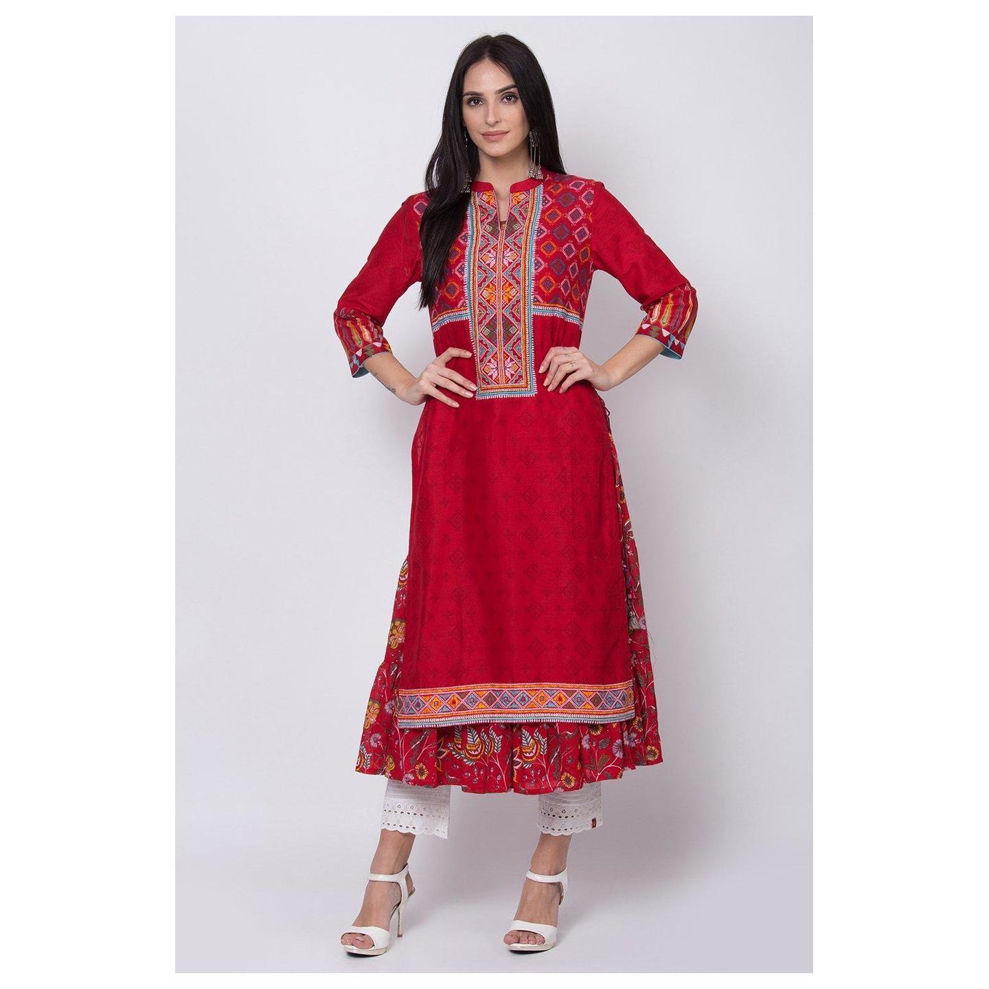 Red Cotton A Line Kurta