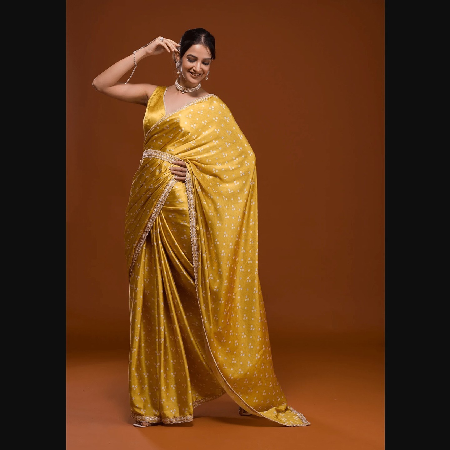 Yellow Bandhani Satin Saree