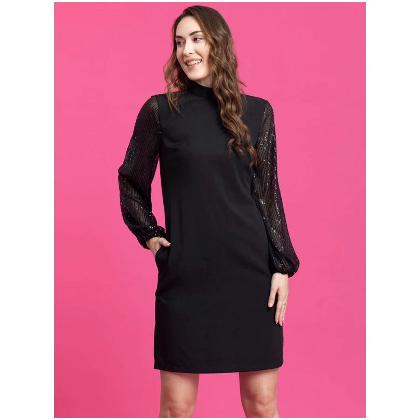 High Neck Sequin Sleeves Shift Dress - Black