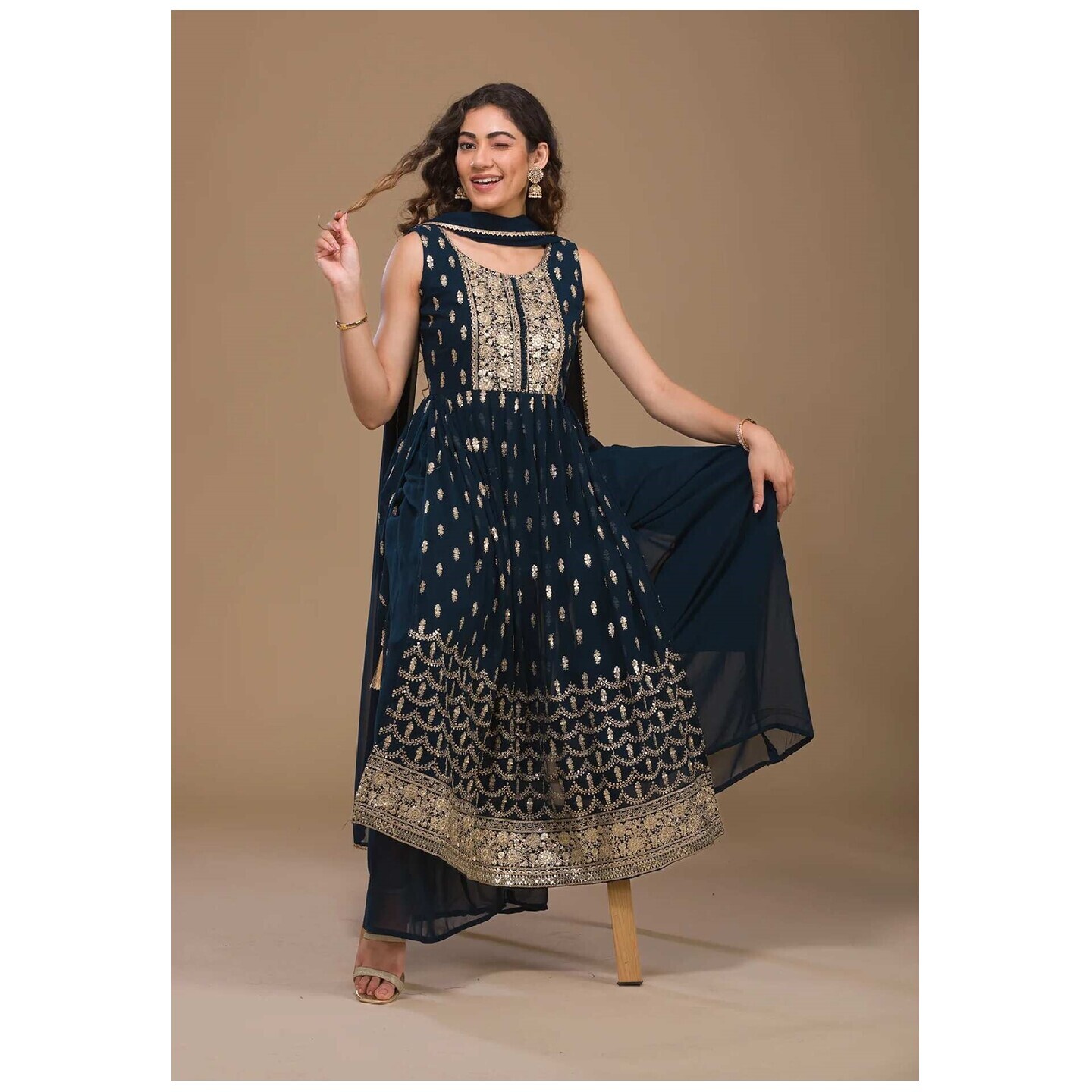 Peacock Blue Zariwork Georgette Readymade Salwar Suit  