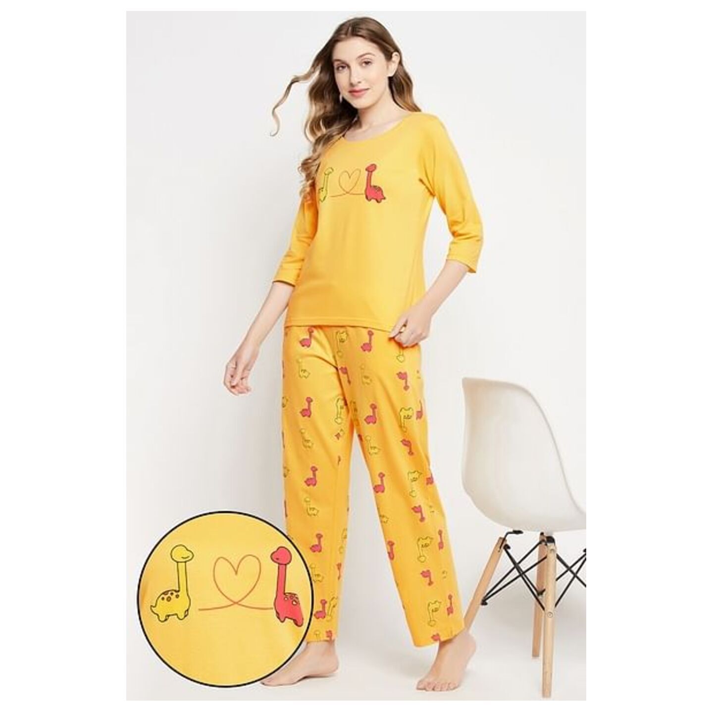 Dinosaur Print Top & Pyjama Set in Yellow - 100% Cotton 