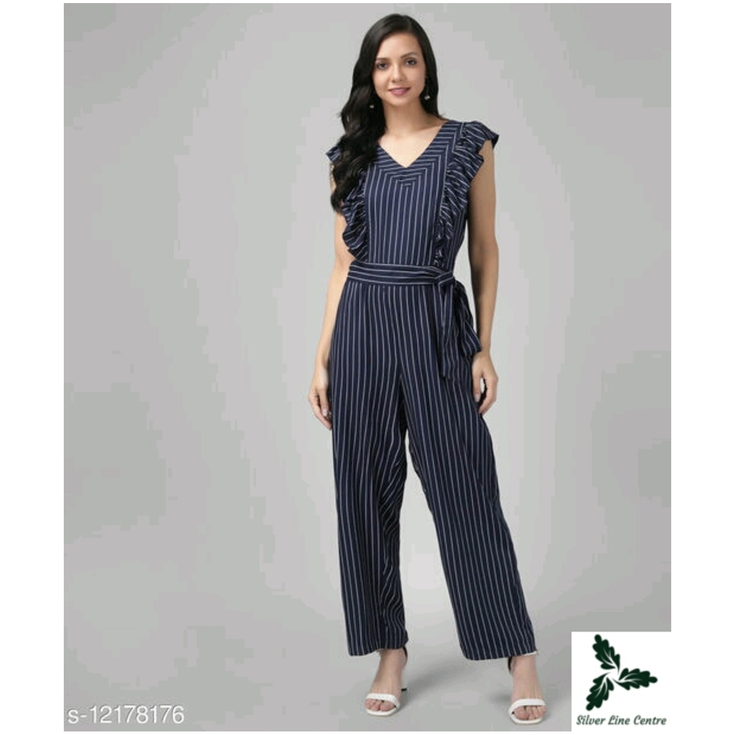 Vaararo Women Dark Blue Straight Lines Jumpsuit