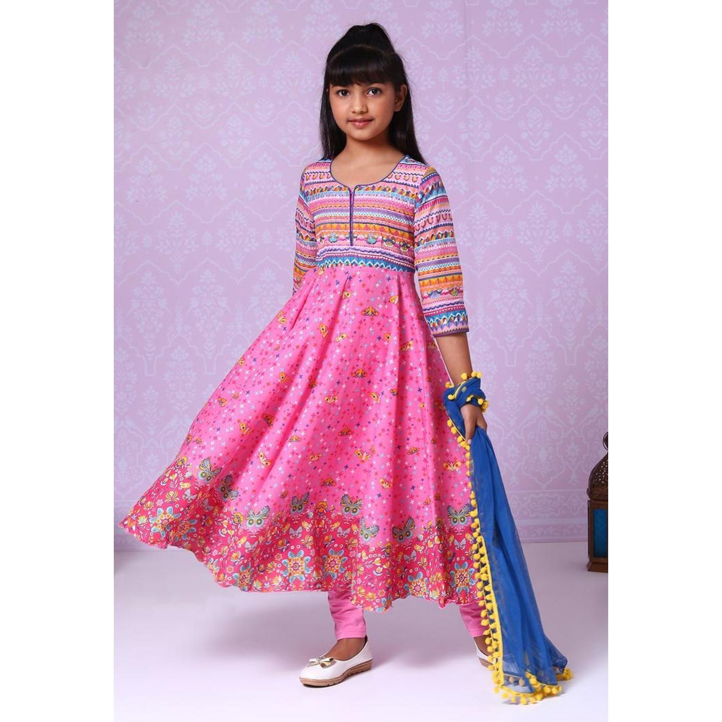 Pink Cotton Anarkali Suit Pink Cotton Anarkali Suit Set; Combines Kurta, Churidar & Dupatta