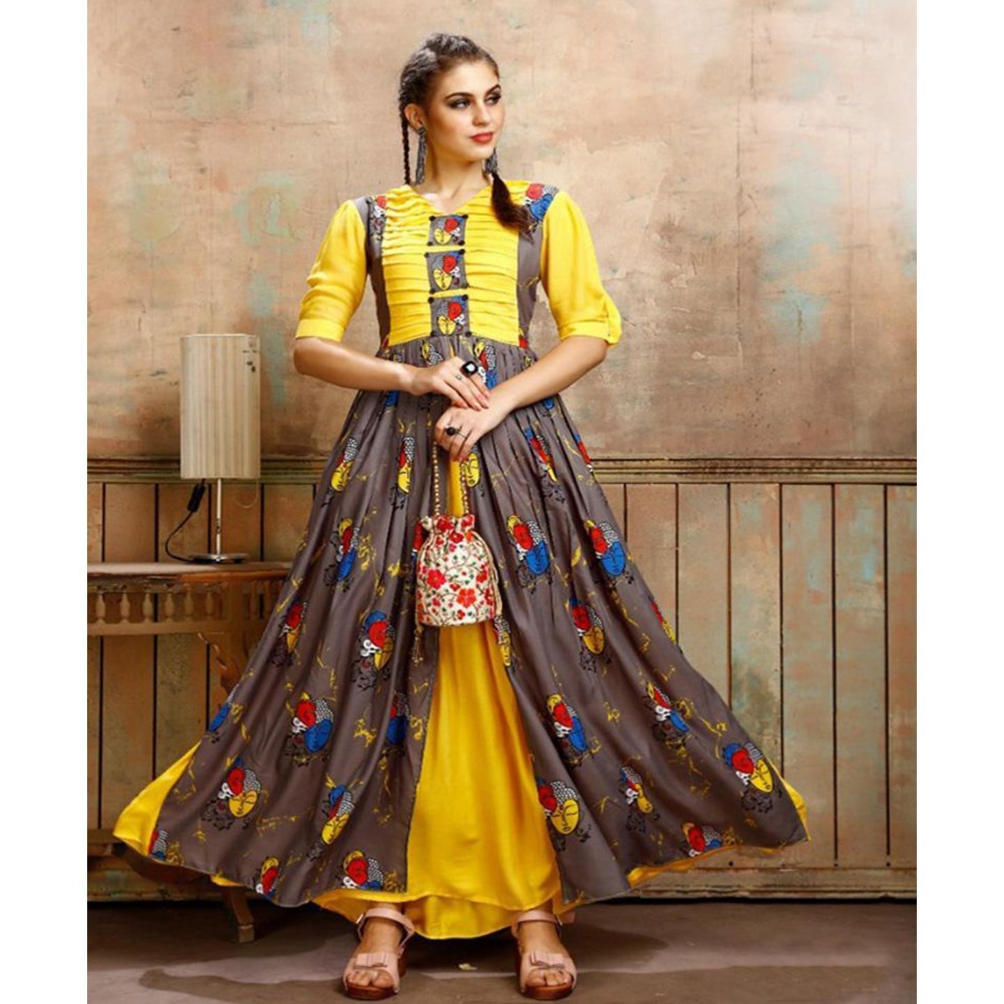 Yellow Cotton Reyon Printed Long Gown