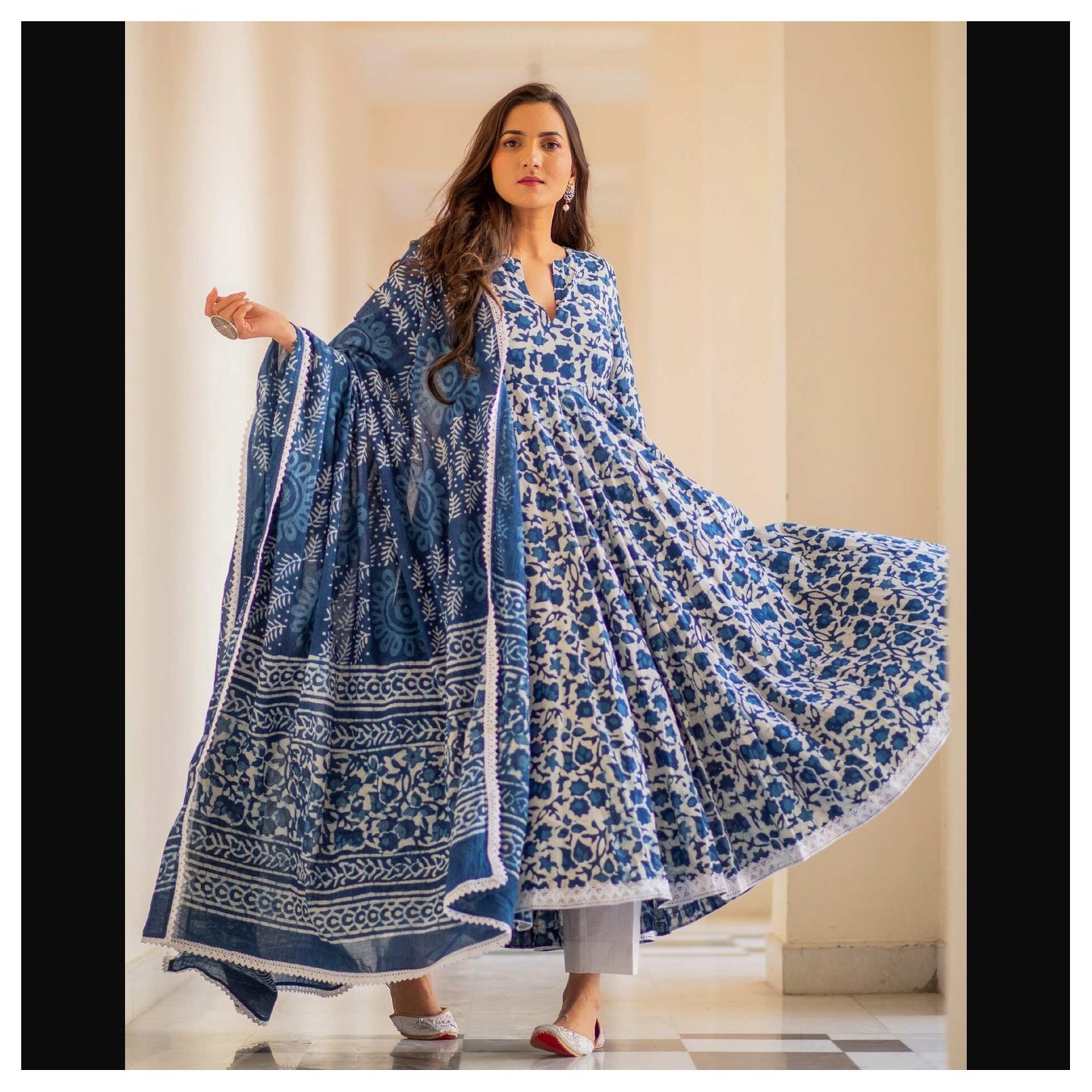 Women's Indigo Dabu Print Cotton Dress Set - Baisacrafts