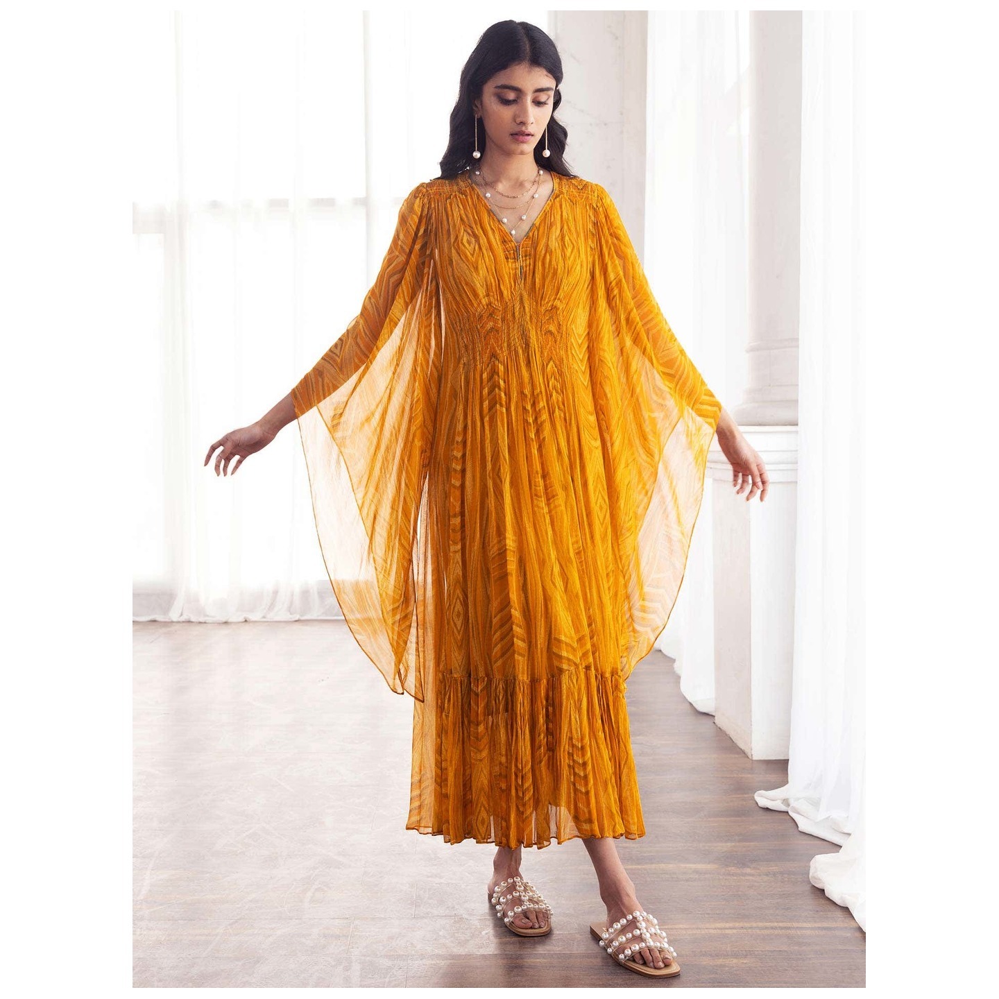 Yellow Printed Kaftan Dress