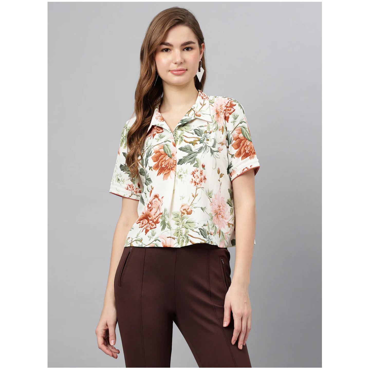 Latin Quarter Brown Spread Collar Short Sleeves Printed Shirt Casual For Wear