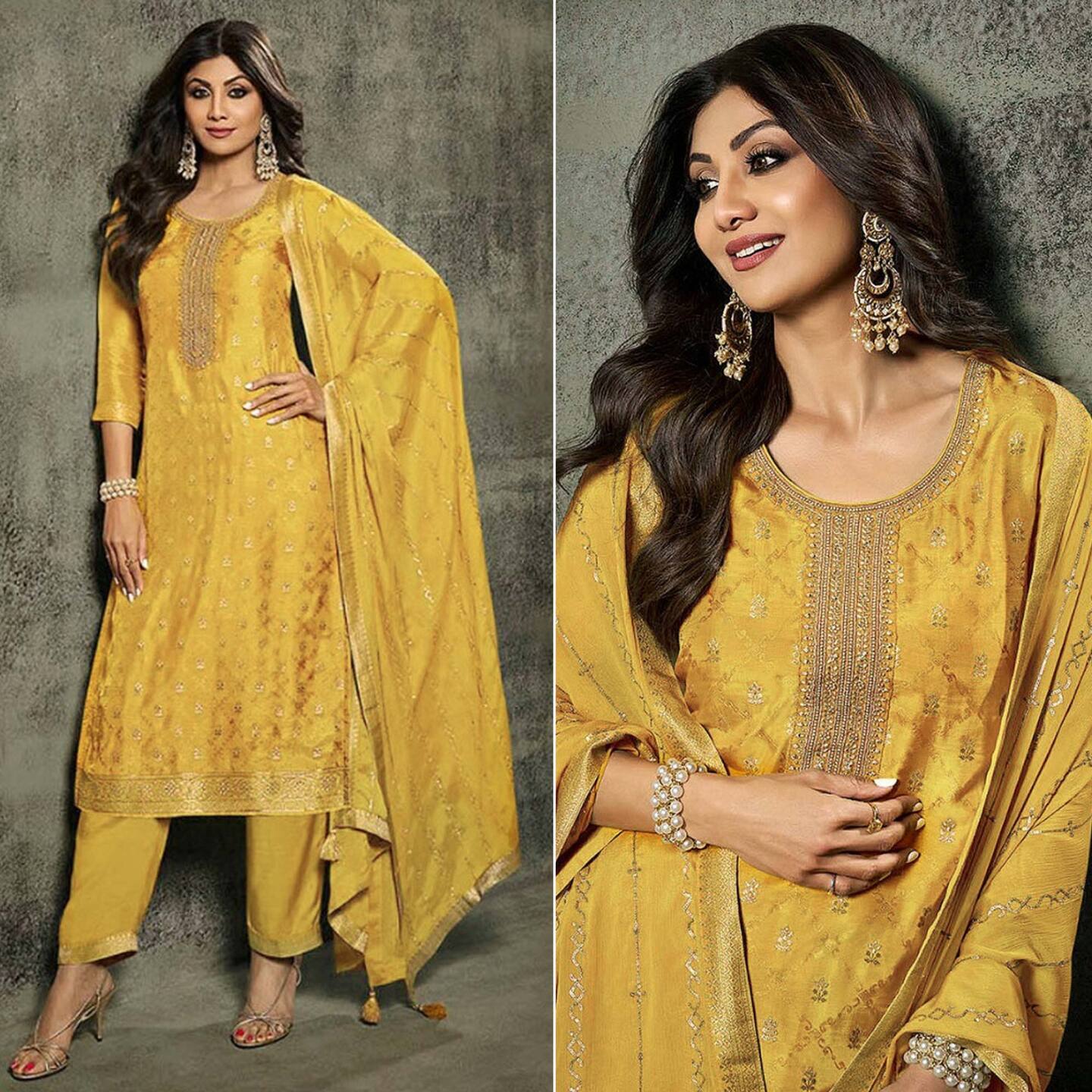 Yellow Floral Woven Jacquard Semi Stitched Salwar Suit  -Semi-Stitched