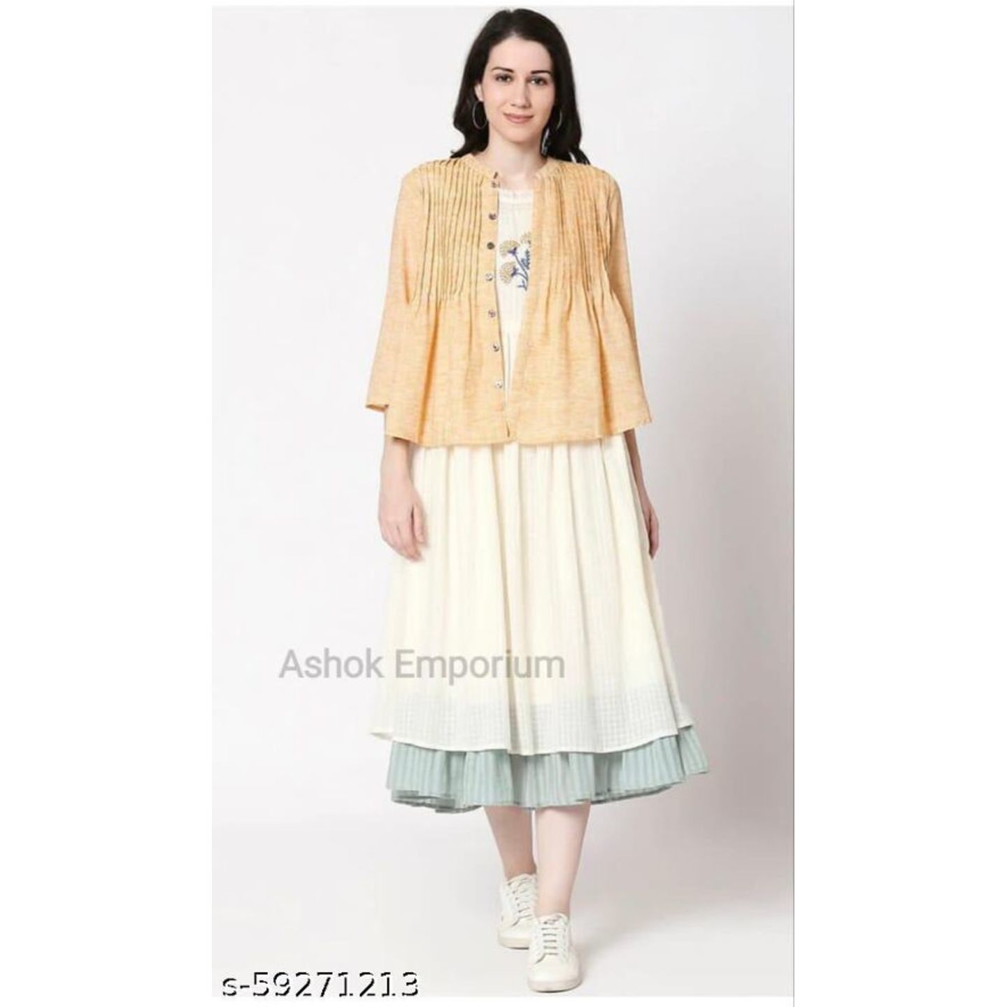 Fusion Wear vintage yellow pleated jacket with classic offwhite dress