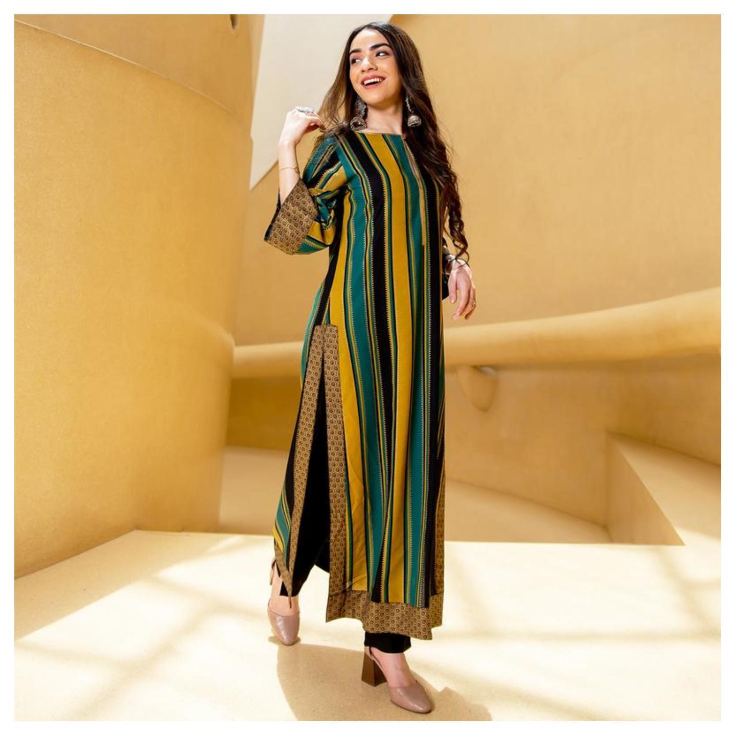 Black Teal & Yellow Striped Long Kurta