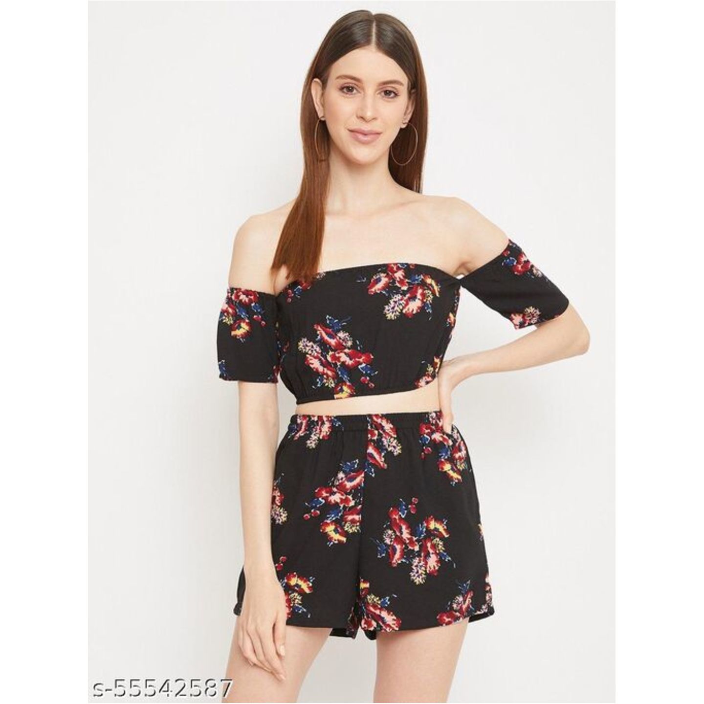 Two-piece black co-ord printed top and bottom set