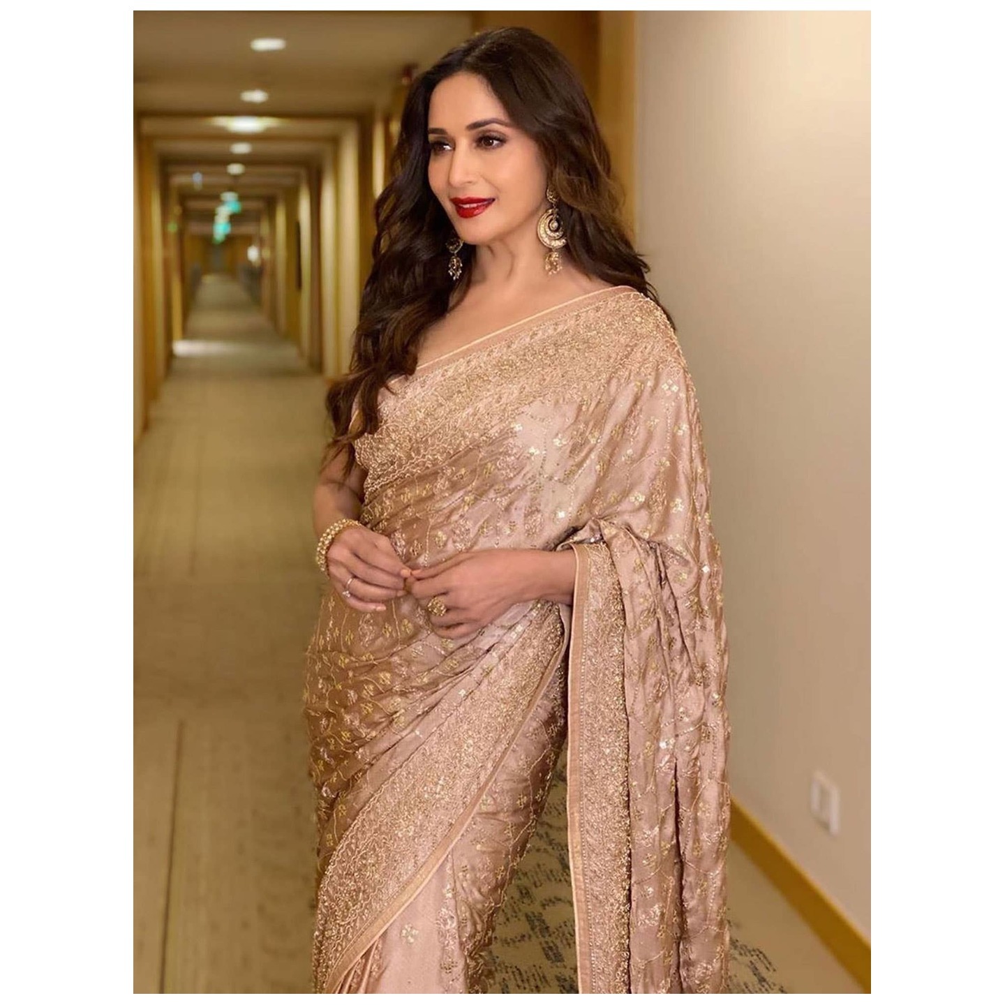 Madhuri Dixit In A Beige Tania Silk Saree With Unstitched Blouse