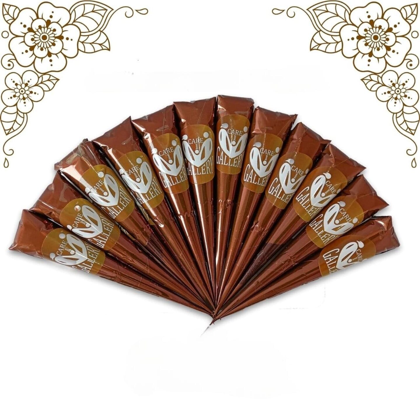 Care One Gallery Instant Henna Paste Mehendi Cone | Vegan & Halal Nail Polish Cone For Women | Without Chemicals | Long Lasting | Ready To Use Dark Brown Color Stain | Pack of 12 Pieces 120 Gms|