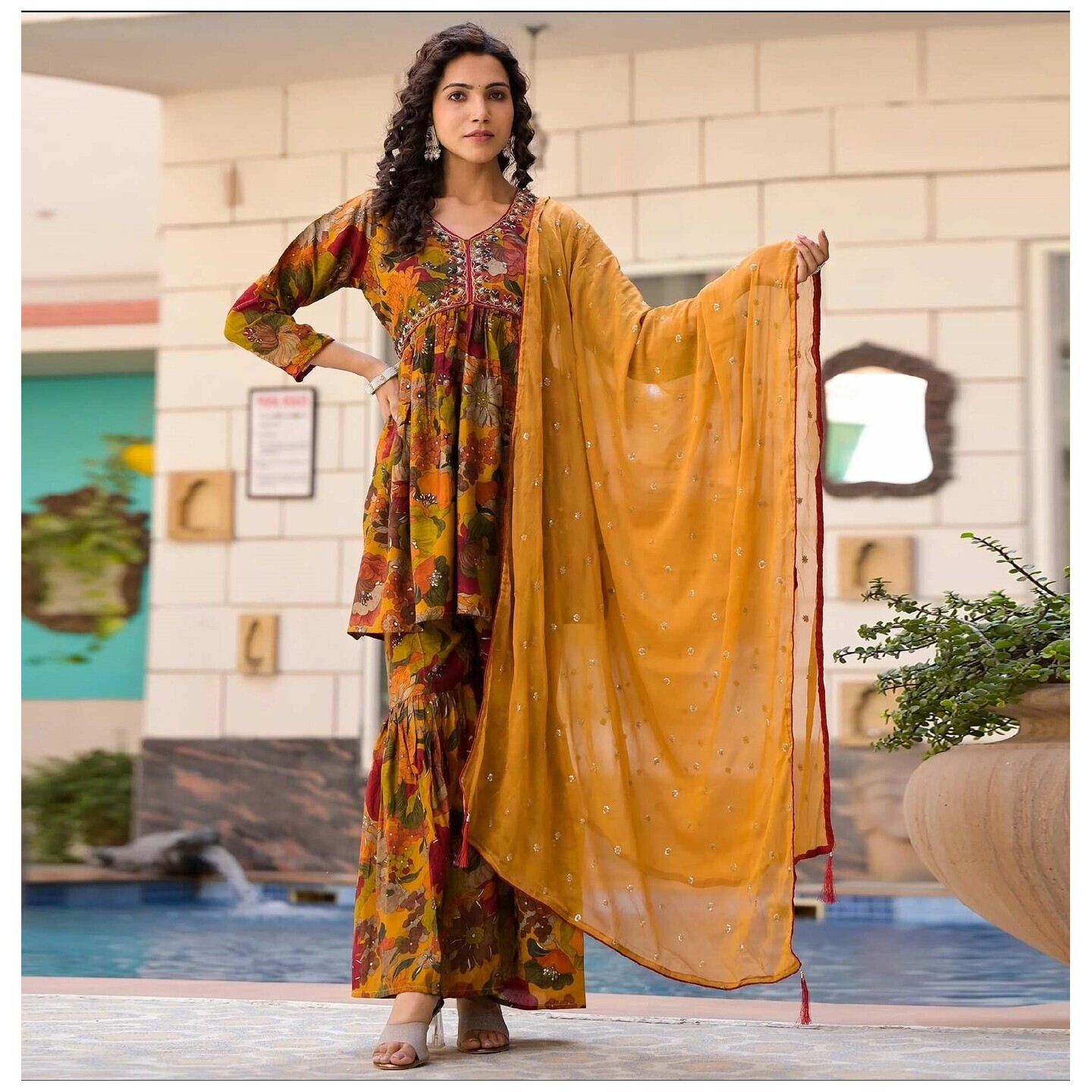 Mustard Floral Foil Printed Chanderi Silk Sharara Suit 