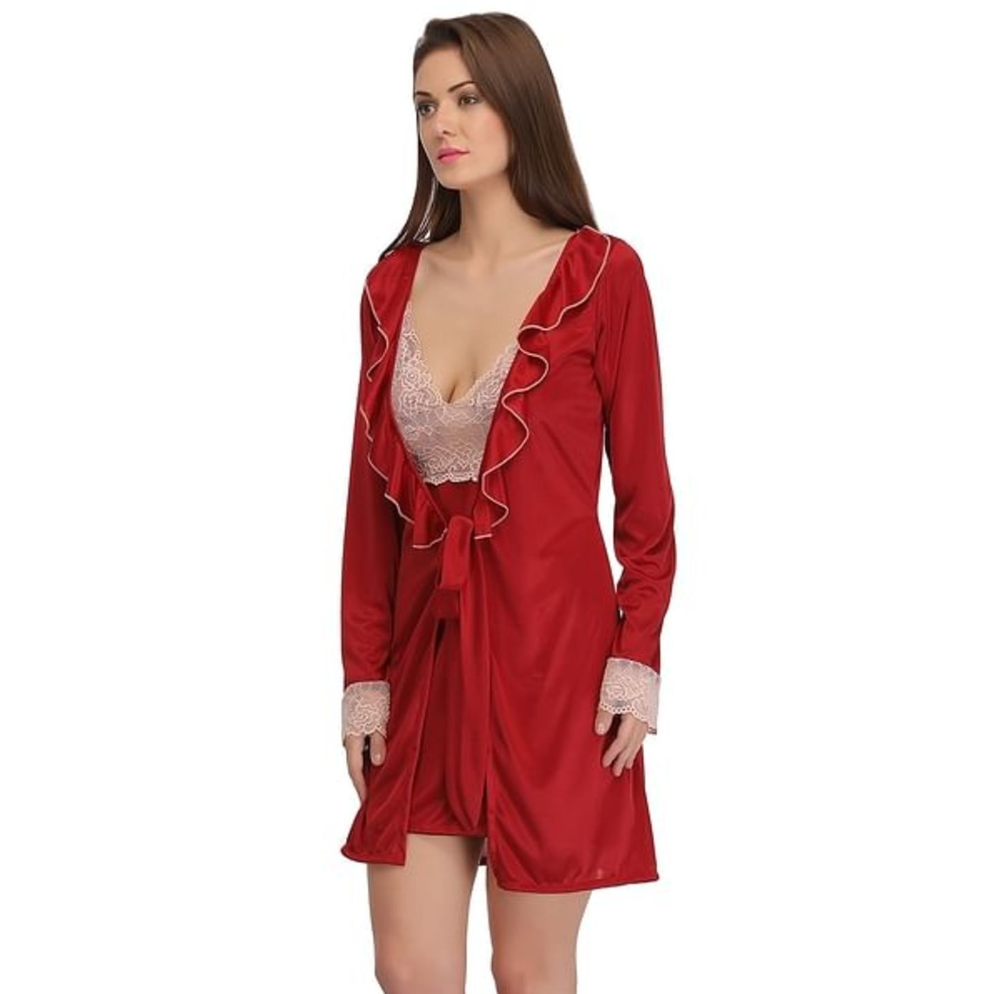 Short Night Dress & Full Sleeves Robe Set in Maroon- Satin