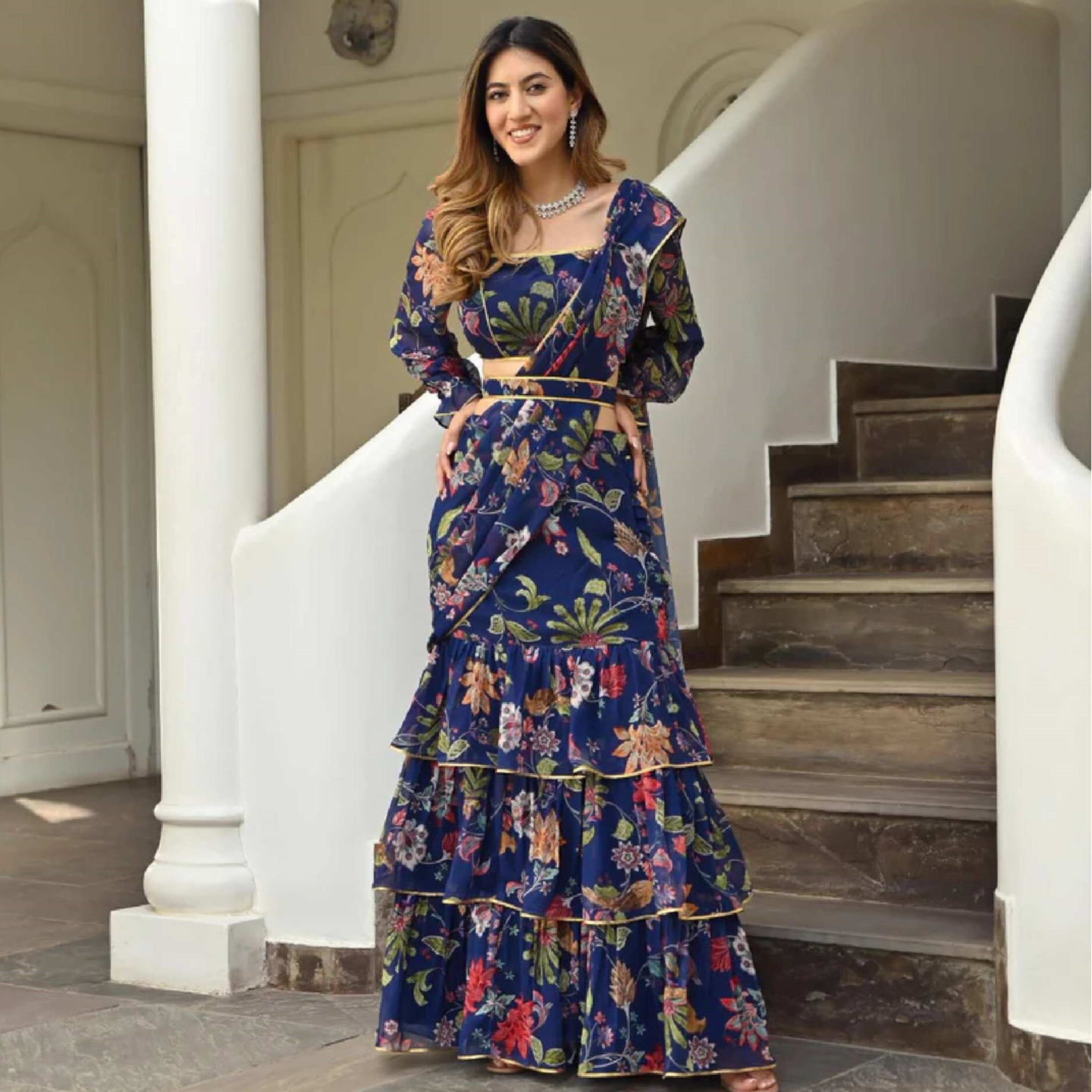 LAVANYA THE LABEL  NAVY BLUE PRINTED RUFFLE SAREE