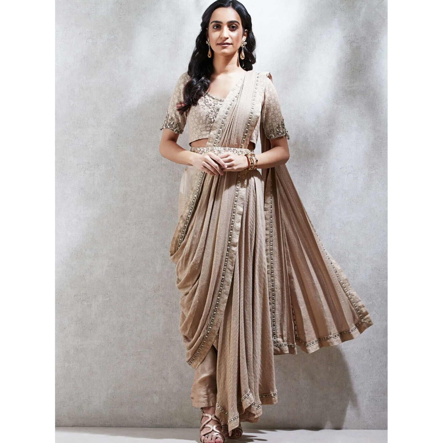 Beige Embroidered Pre-Draped Saree