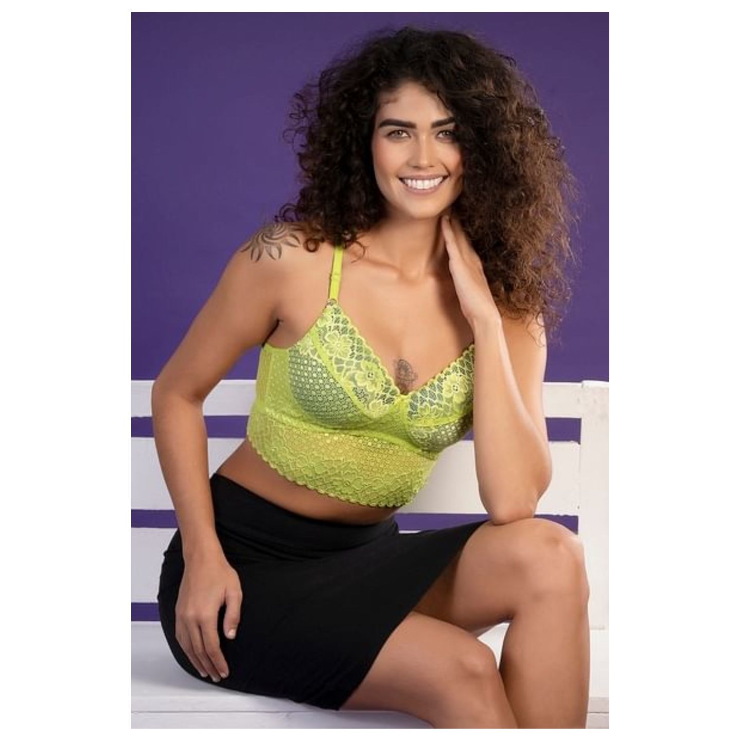 Padded Non-Wired Full Cup Racerback Longline Bralette in Parrot Green - Lace