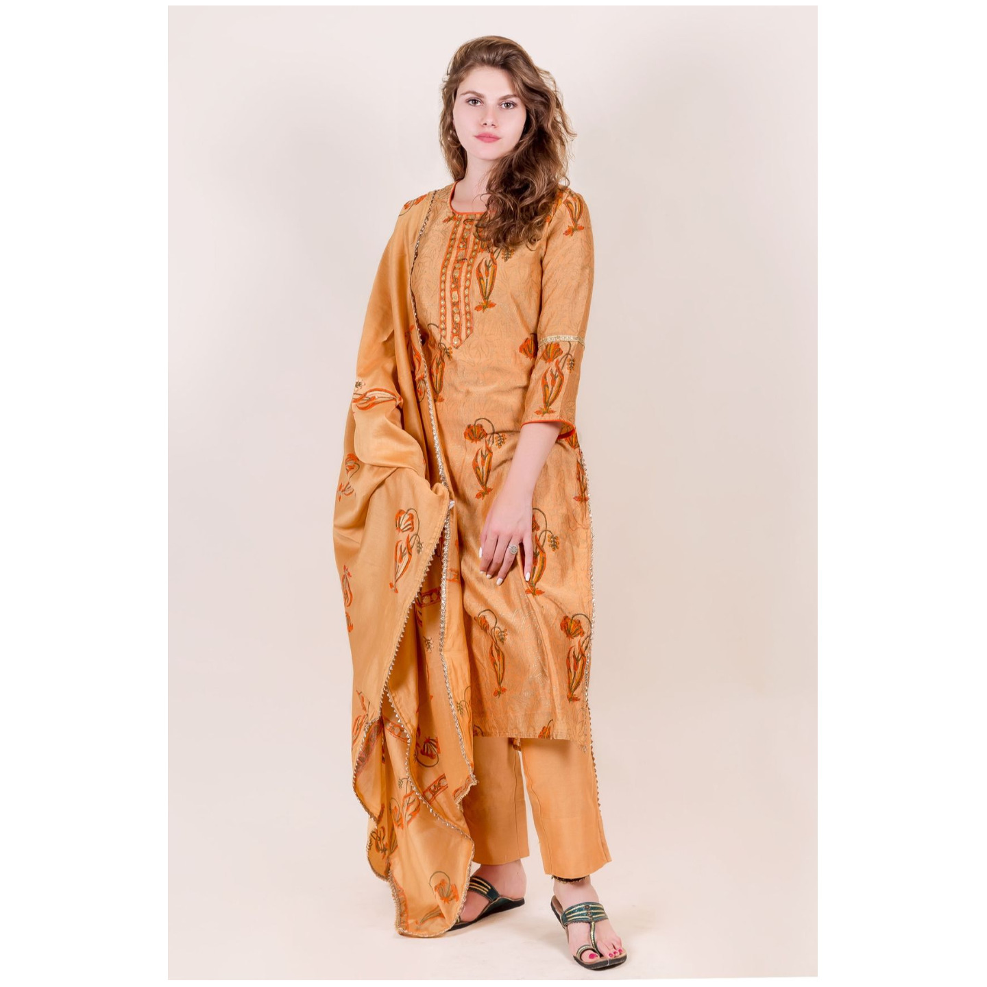 MISSPRINT Beige Chanderi Printed Kurta Set