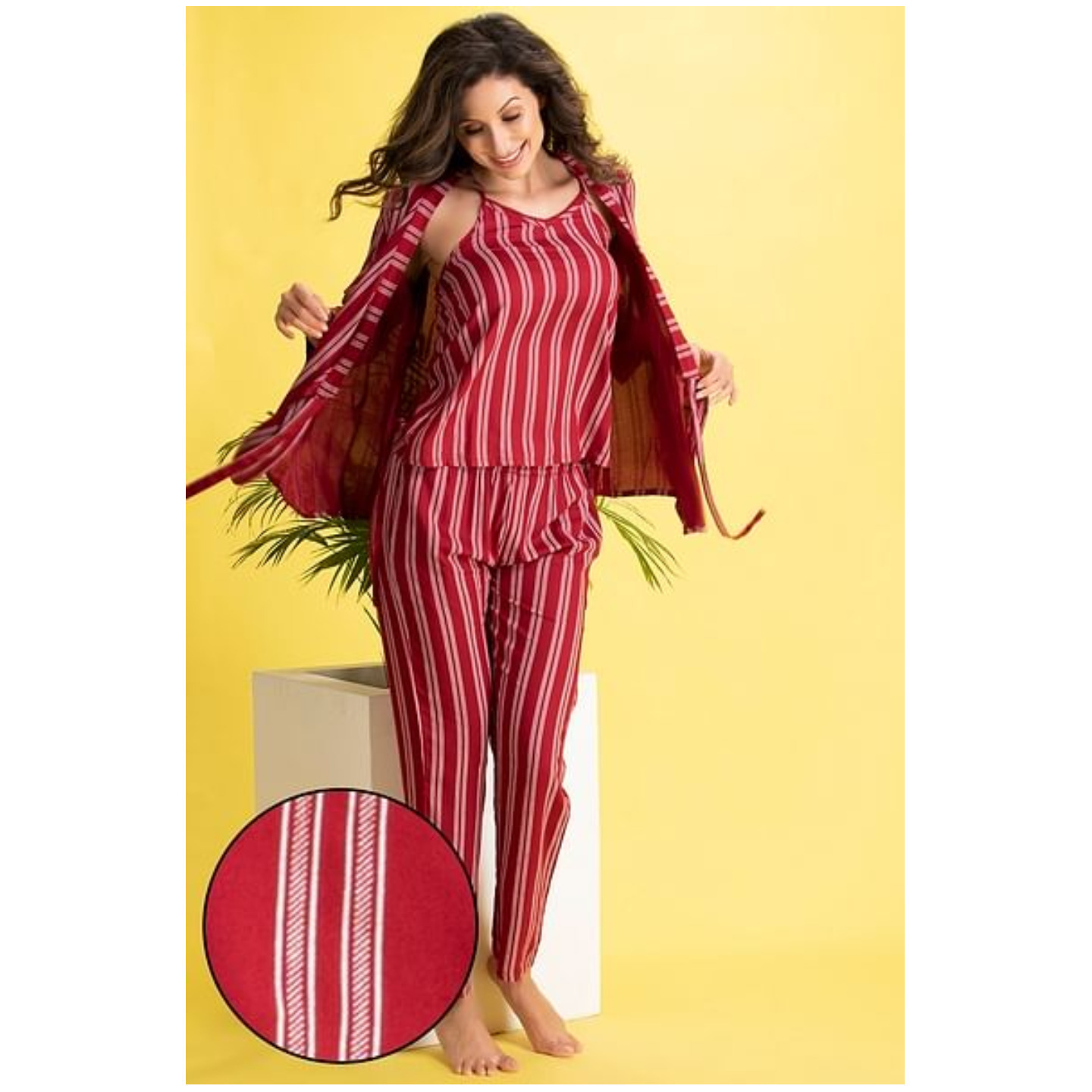 Sassy Stripes 3 Piece Set- Top, Pyjama & Robe in Maroon - Rayon