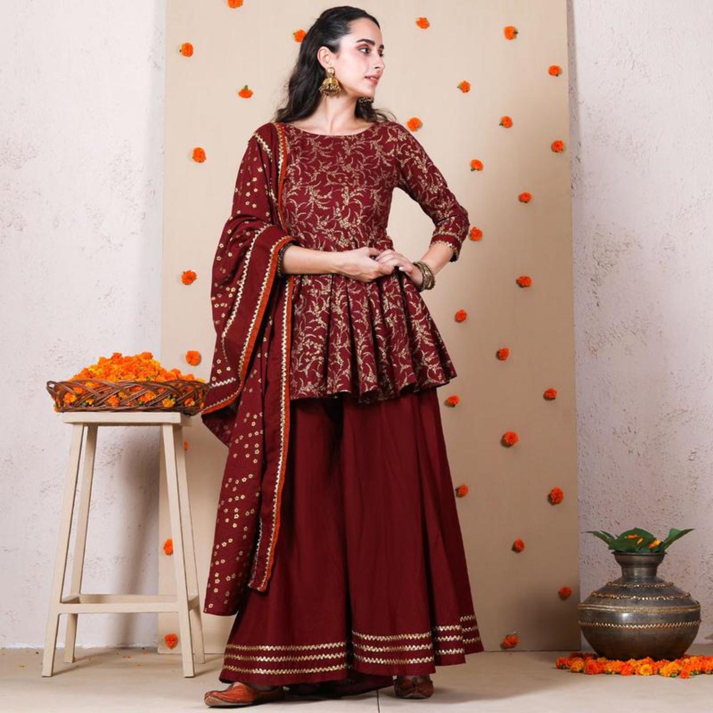 Maroon Festive Gold Printed Sharara Peplum Dupatta Set