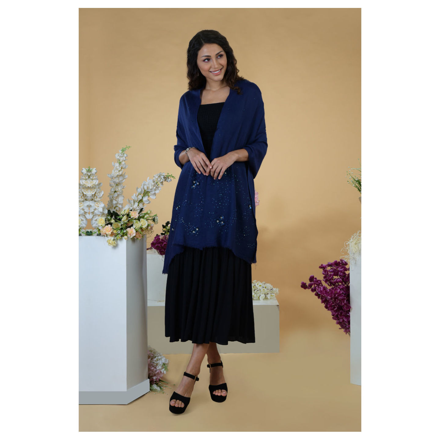 Navy Blue Stellar Hand Embroidered Pure Cashmere Stole,Length - 210 Centimeter | Width - 72 Centimeter | Weight - 118 Grams