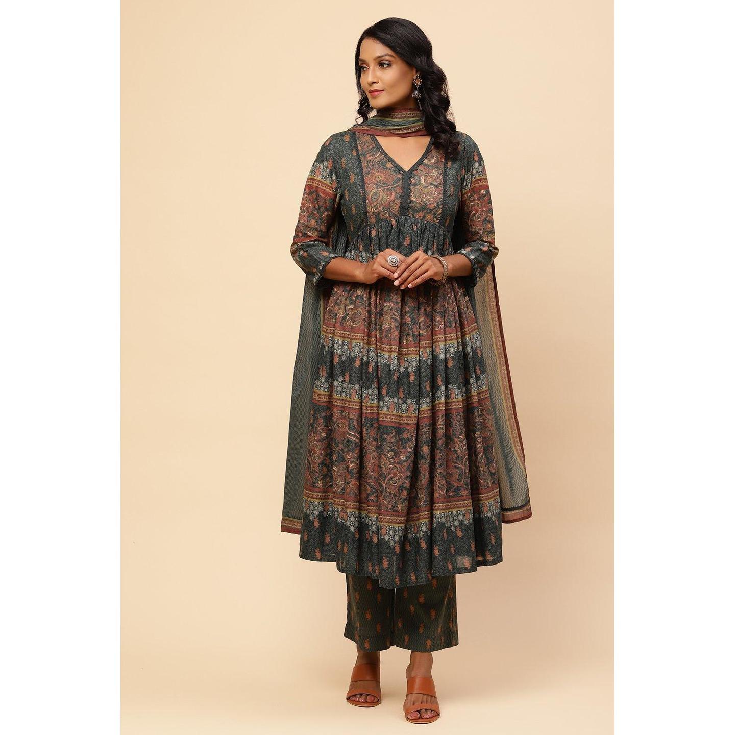 Dark Green Cotton Anarkali Suit Set