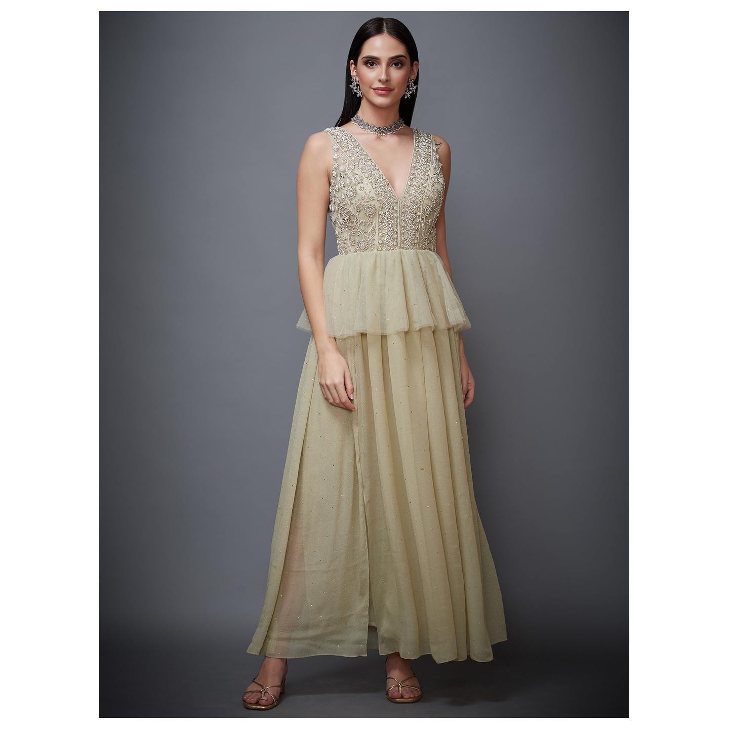 Moss Green Pearl Embroidered Net Gown