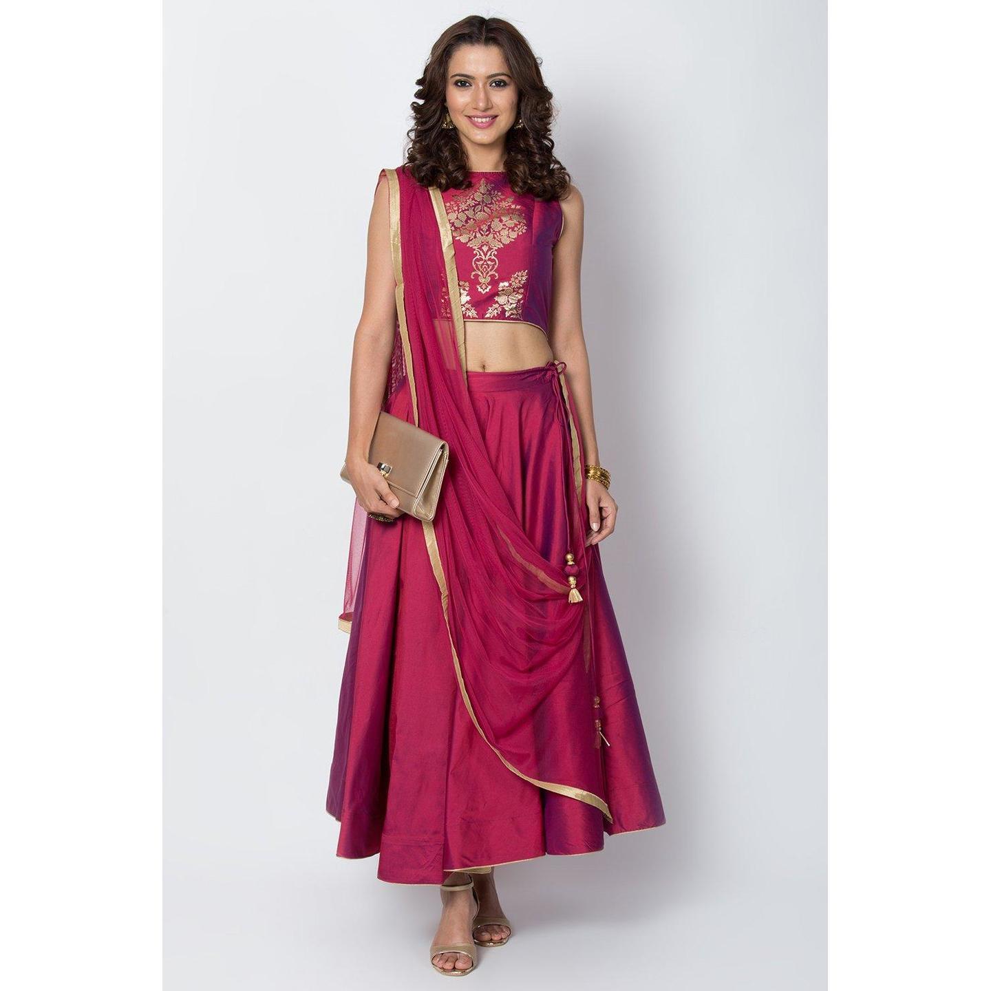 Wine Art Silk Foil Print Lehenga Set