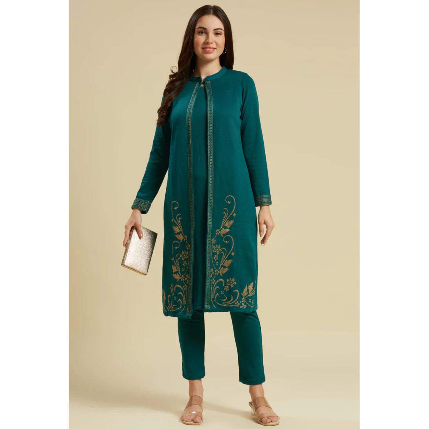 Teal Floral Woolen Top Bottom Set 