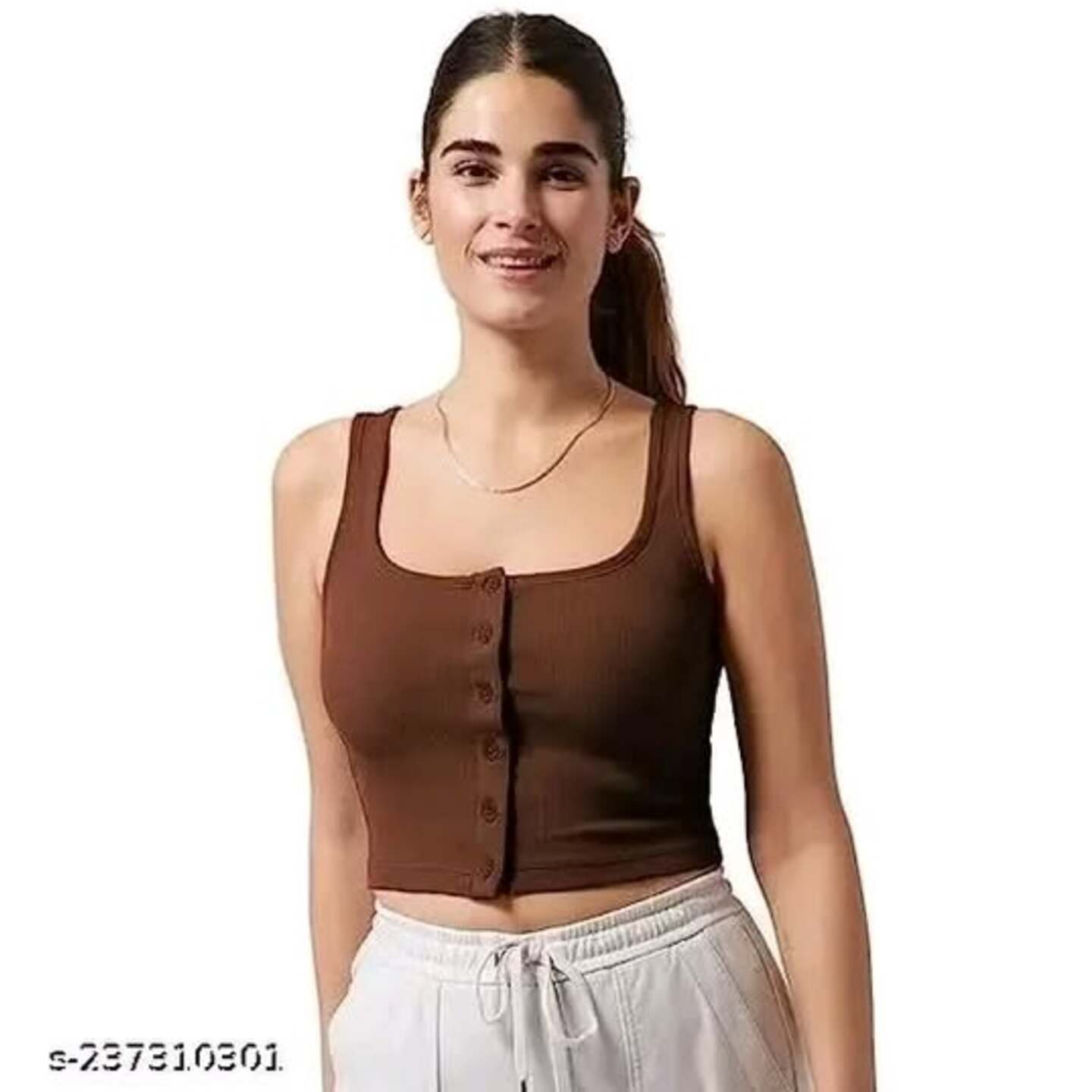 Glamorous Coffee Front Button Round Neck Women's Tops & Tunics