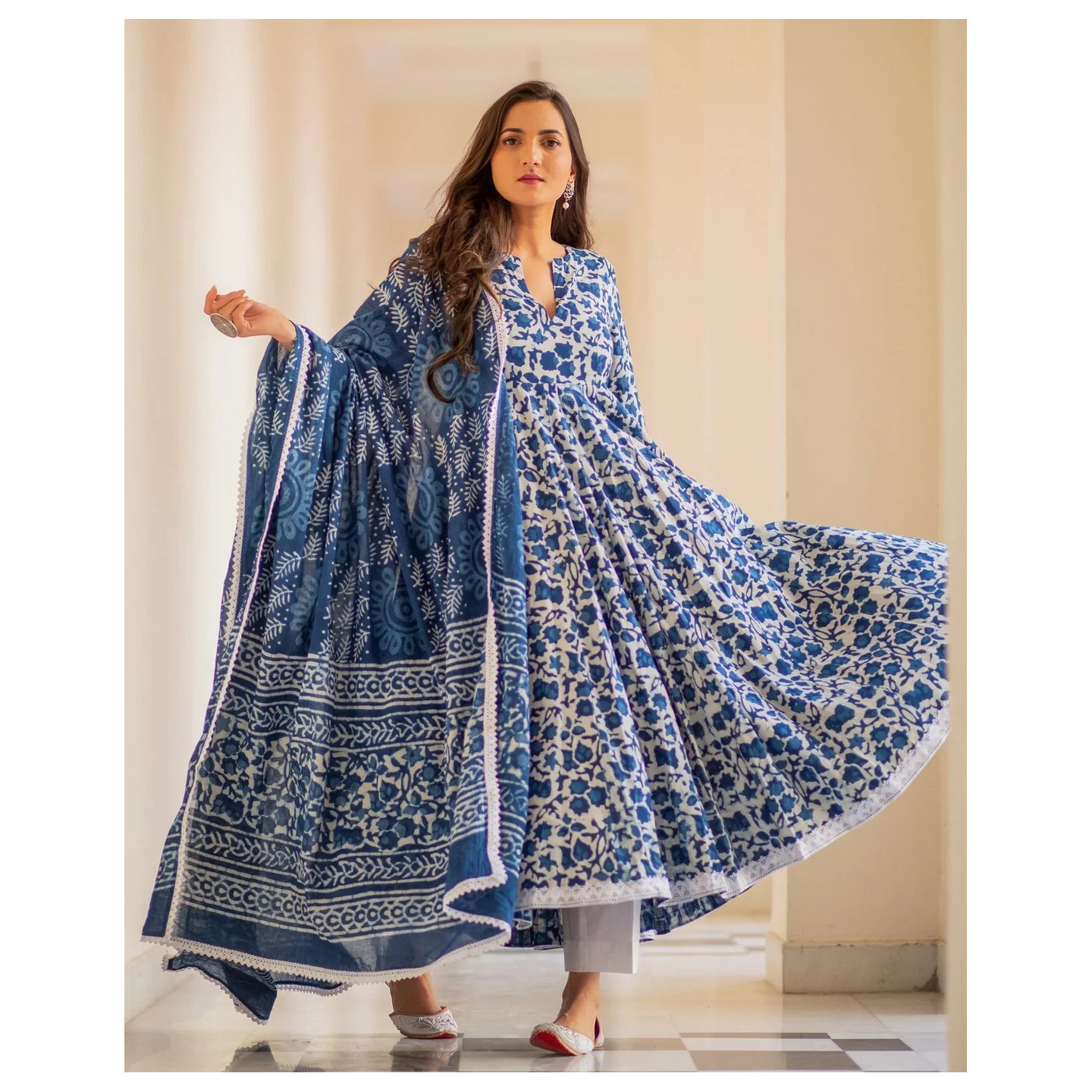 Womens Blue Cotton Flared Floral Printed Salwar Suit Set  -Malishka Export