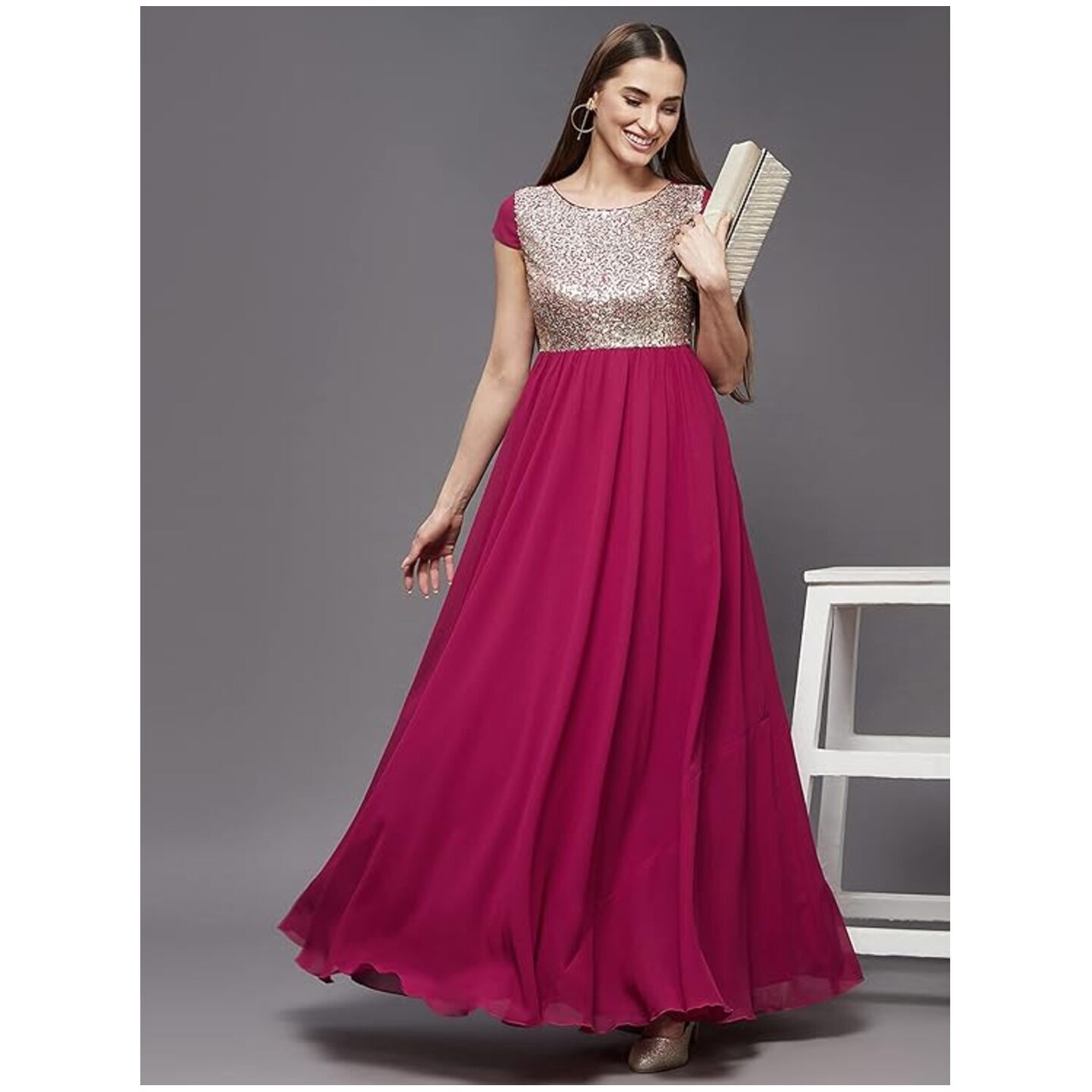 Miss Chase Womens Pink & Golden Round Neck Cap Sleeve Embellished Fit & Flare Maxi Dress